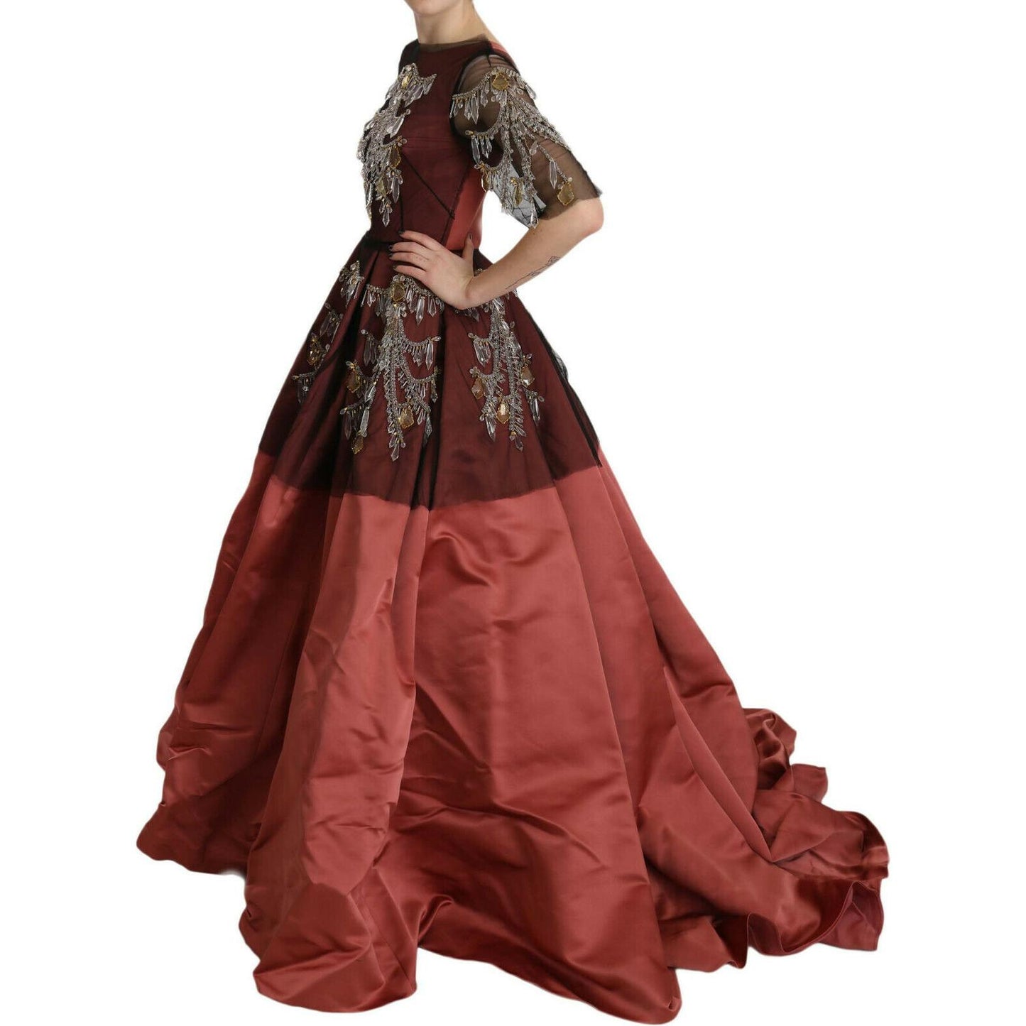 Dolce & Gabbana Elegant Crystal Embellished Silk Gown Dolce & Gabbana Saddle Brown