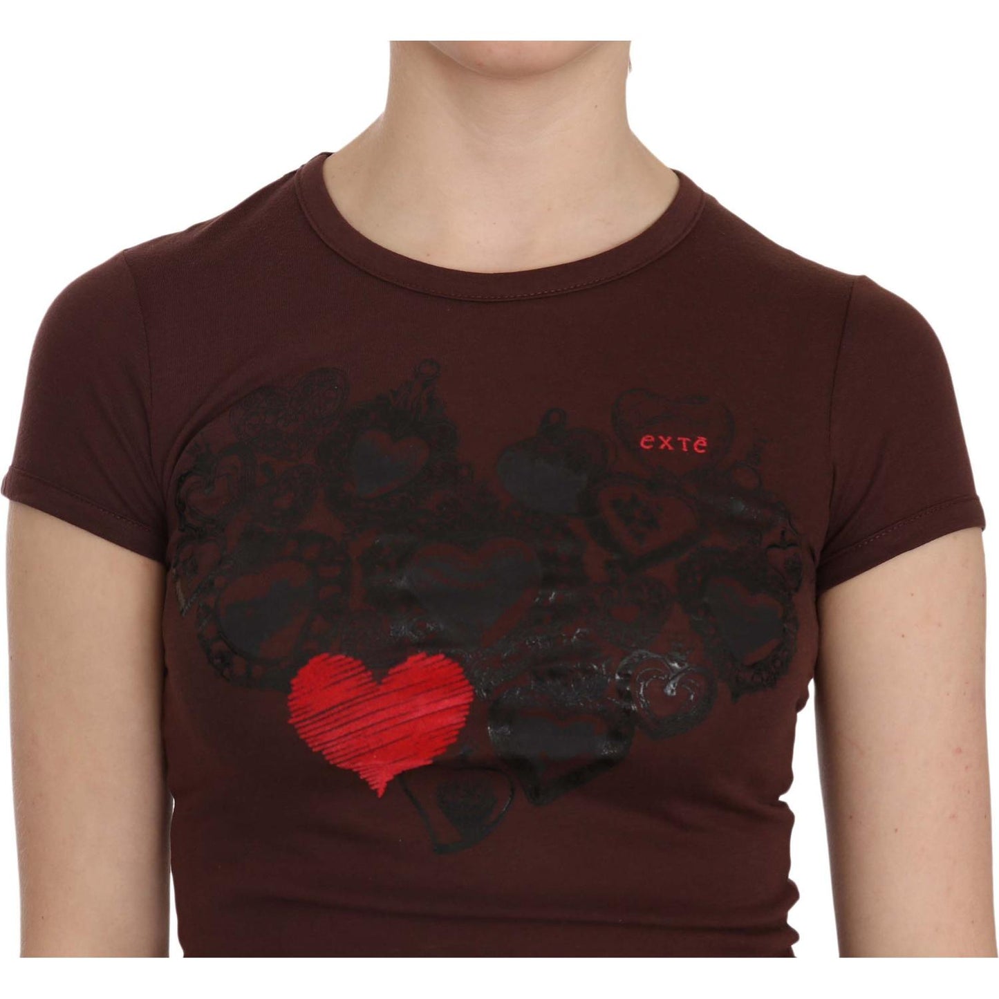 Exte Chic Brown Hearts Print Crew Neck Blouse Exte Dark Slate Gray