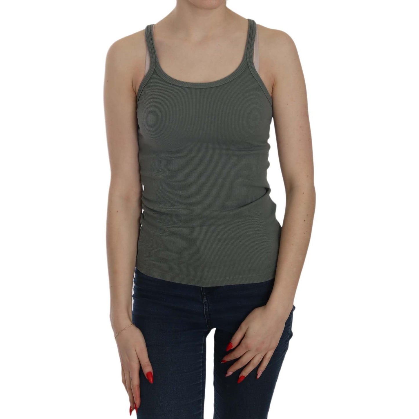 PINK MEMORIES Elegant Round Neck Sleeveless Green Cotton Blouse PINK MEMORIES Dark Slate Gray