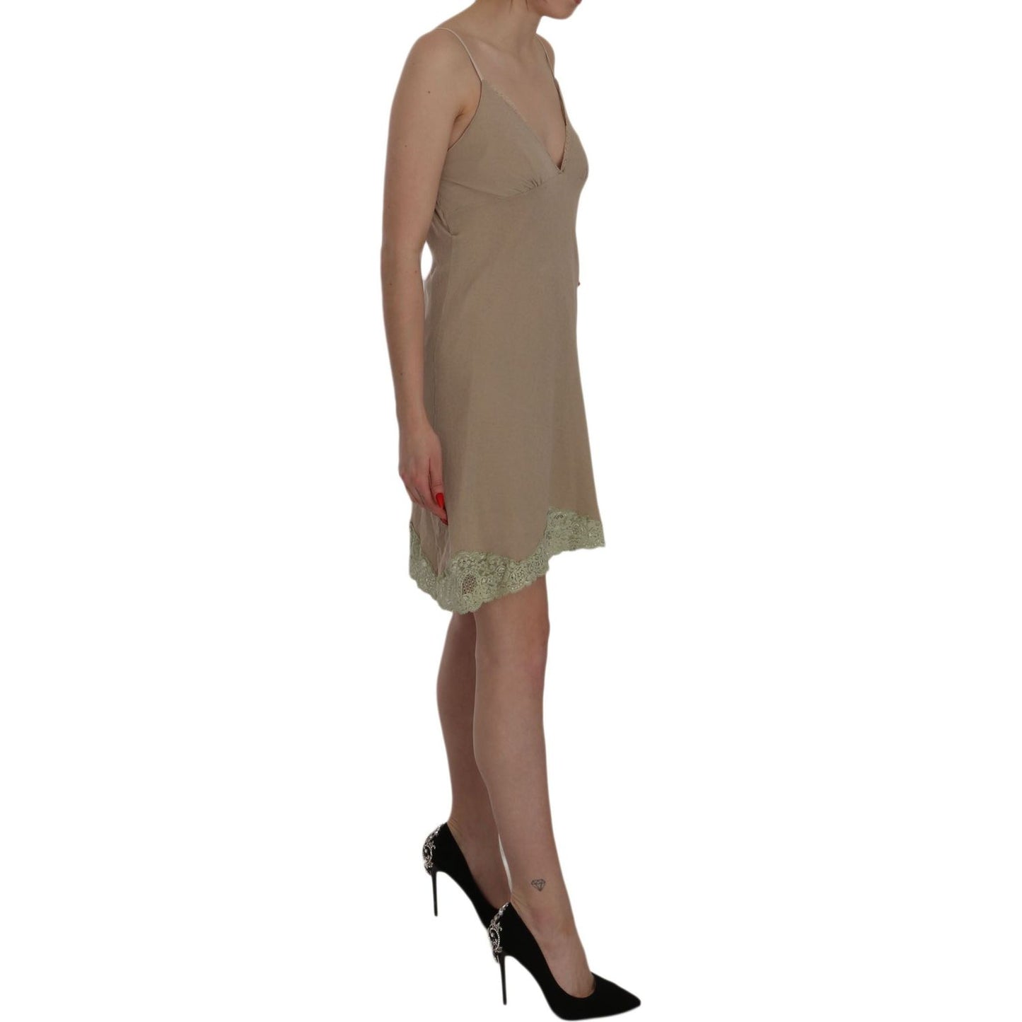 PINK MEMORIES Elegant Beige Lace Spaghetti Strap Mini Dress PINK MEMORIES Dim Gray