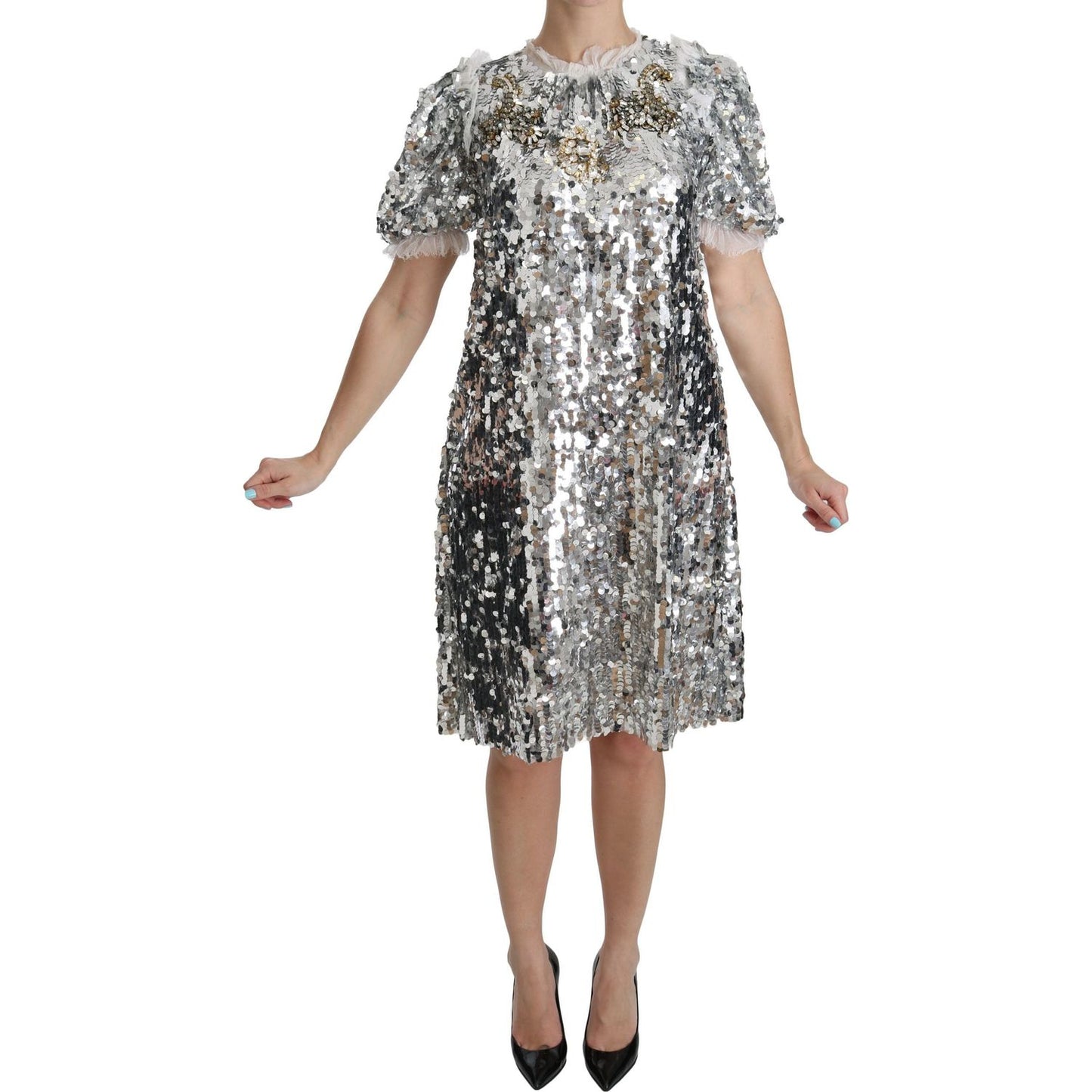 Dolce & Gabbana Elegant Silver A-Line Dress with Crystal Accents Dolce & Gabbana Rosy Brown