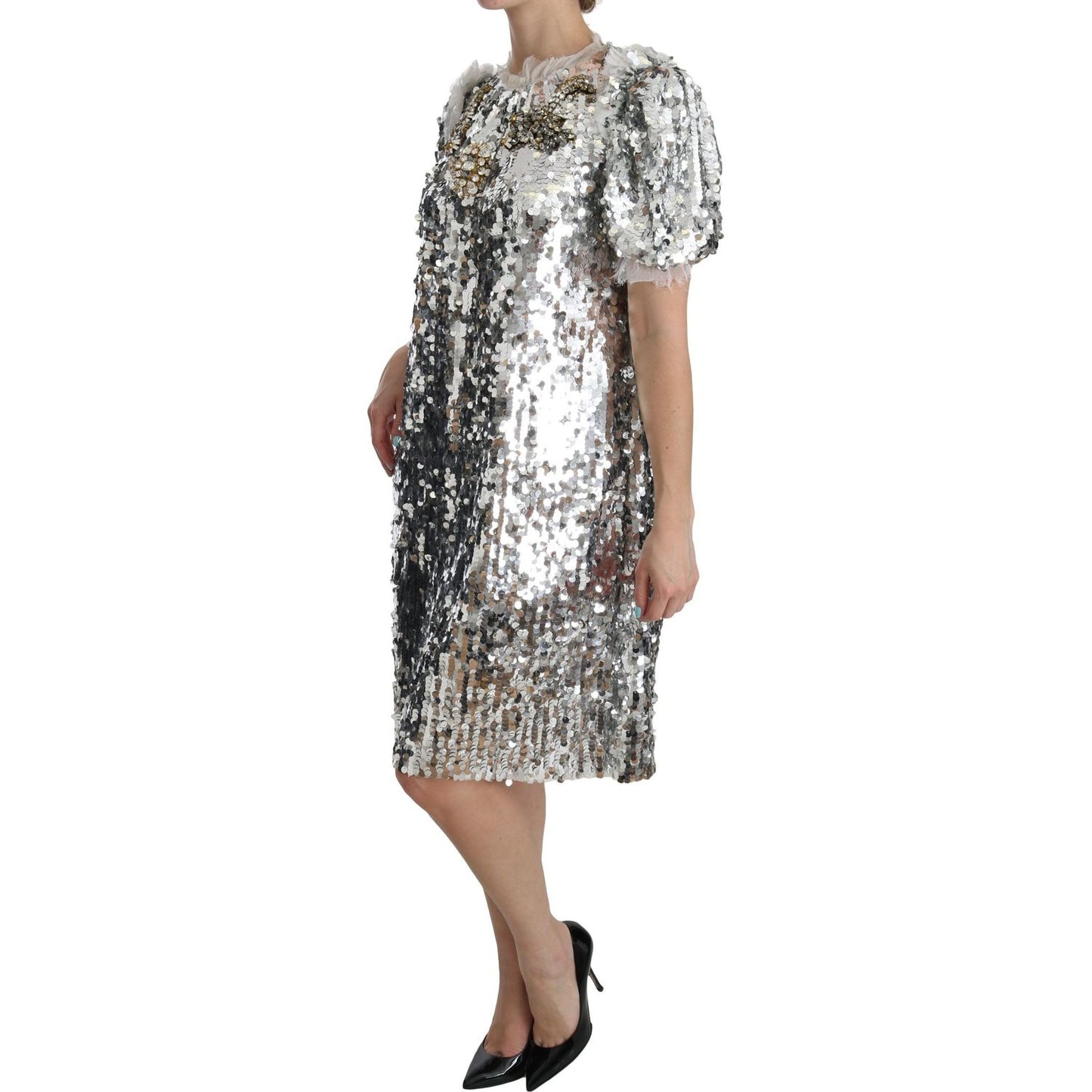 Dolce & Gabbana Elegant Silver A-Line Dress with Crystal Accents Dolce & Gabbana Rosy Brown