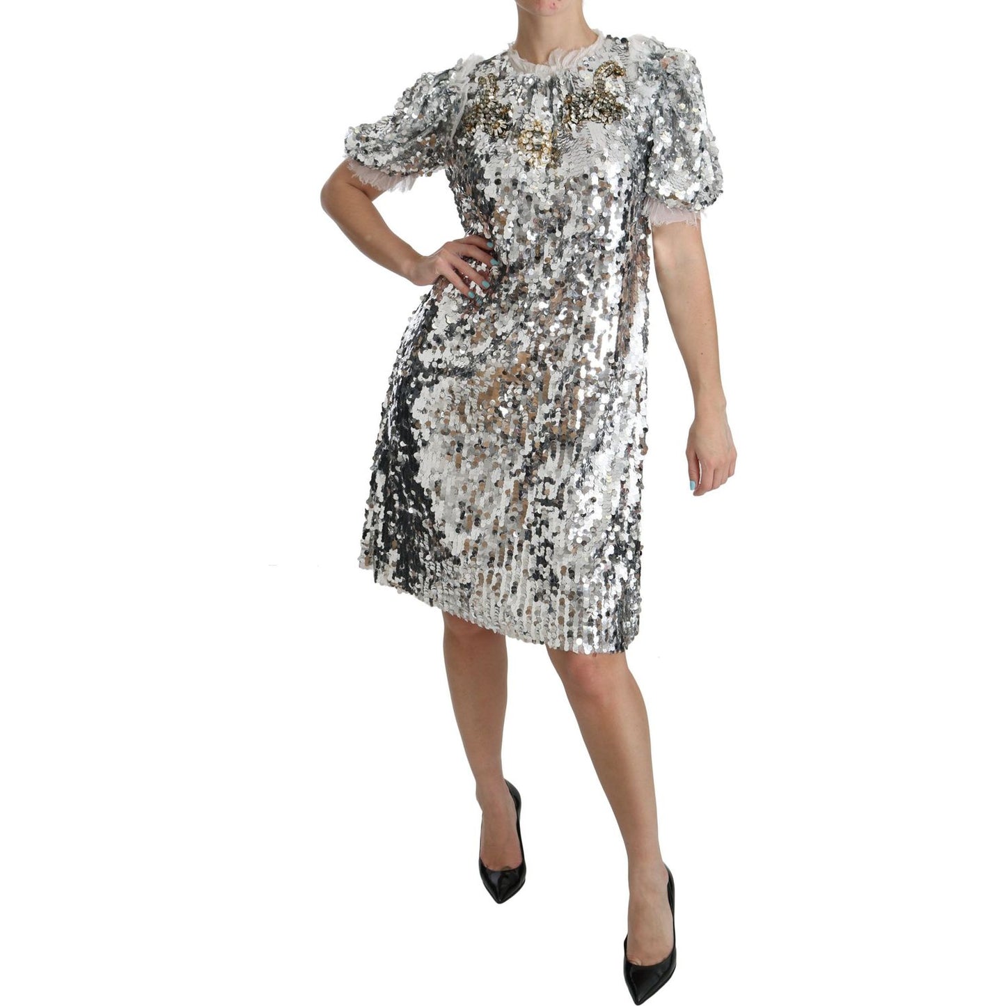 Dolce & Gabbana Elegant Silver A-Line Dress with Crystal Accents Dolce & Gabbana Rosy Brown