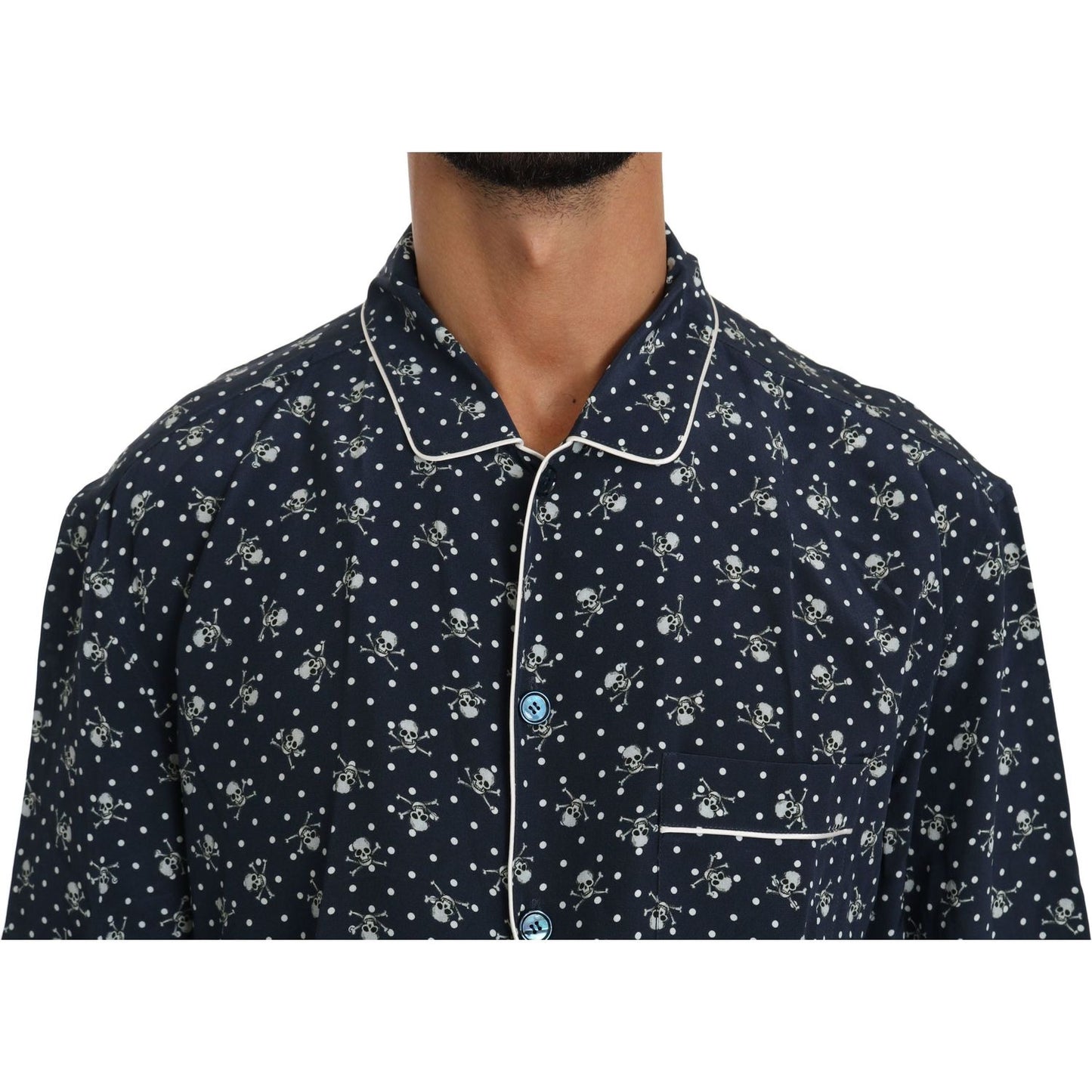 Dolce & Gabbana Silken Elegance: Blue Skull Print Lounge Shirt Dolce & Gabbana Dark Slate Gray