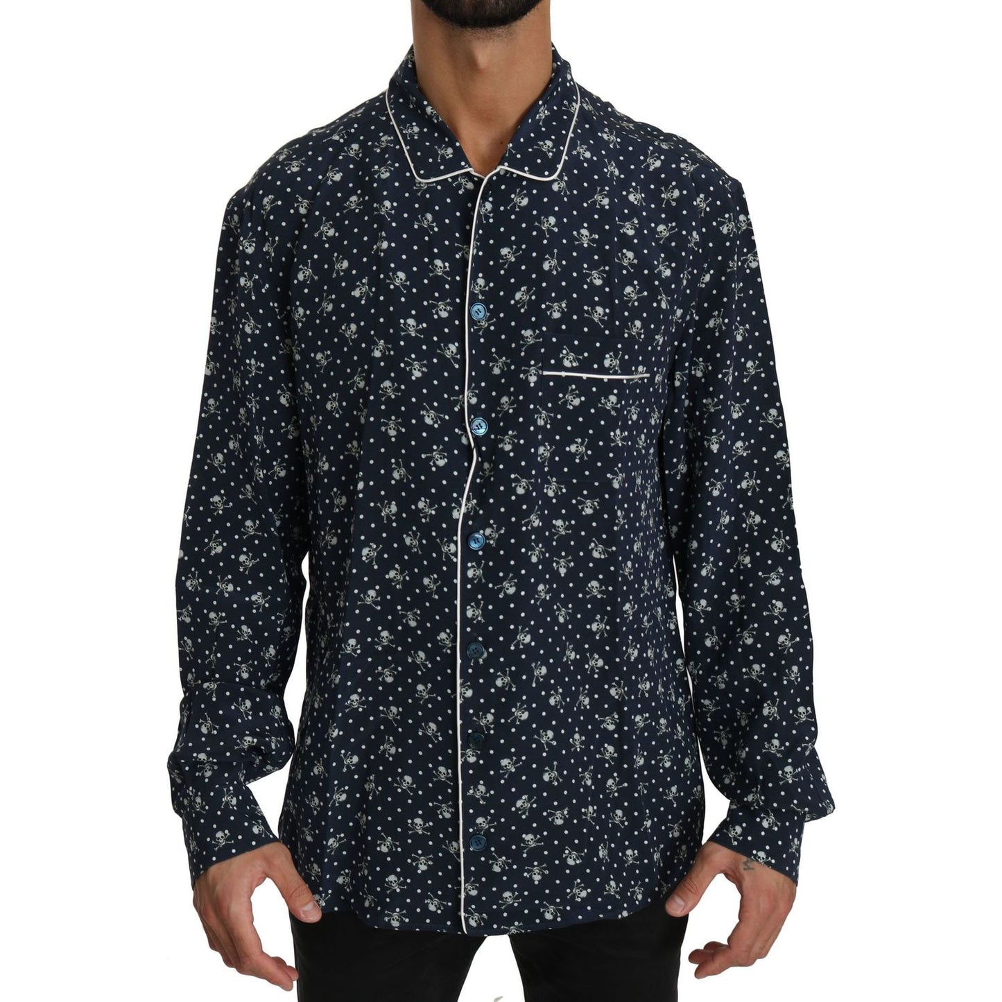 Dolce & Gabbana Silken Elegance: Blue Skull Print Lounge Shirt Dolce & Gabbana Black