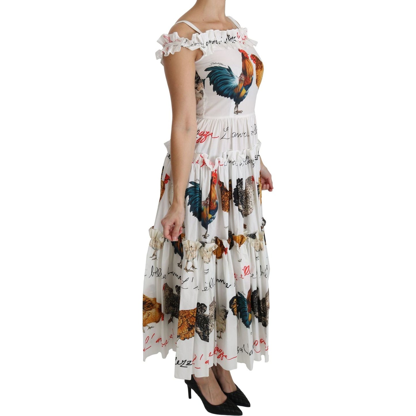 Dolce & Gabbana Elegant White Rooster Print Sheath Midi Dress Dolce & Gabbana Gray