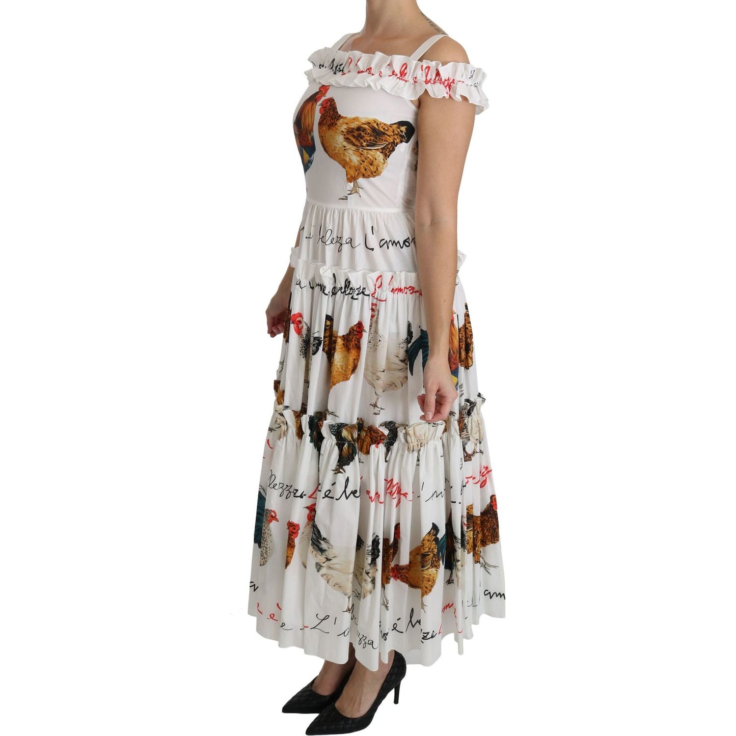 Dolce & Gabbana Elegant White Rooster Print Sheath Midi Dress Dolce & Gabbana Gray