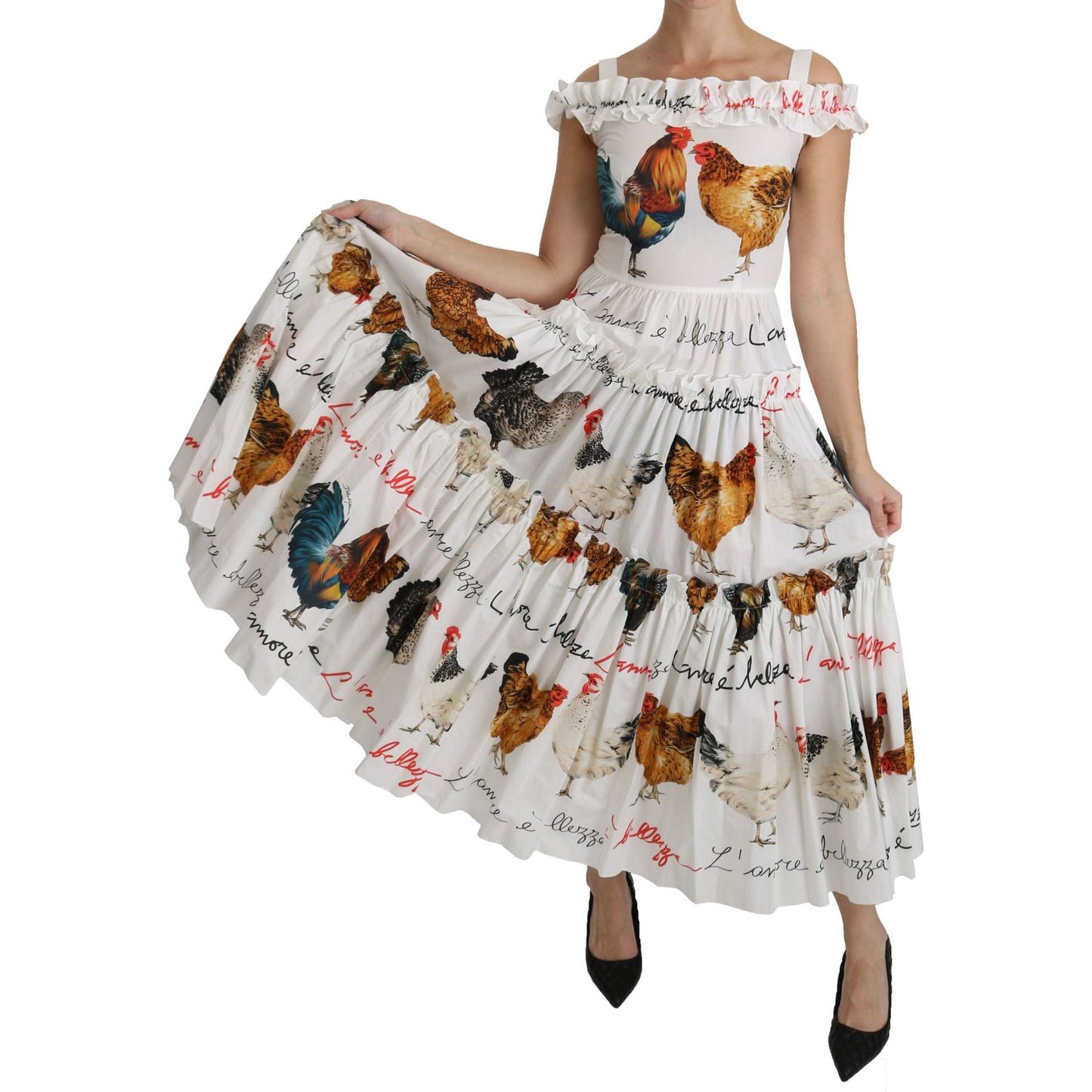 Dolce & Gabbana Elegant White Rooster Print Sheath Midi Dress Dolce & Gabbana Gray