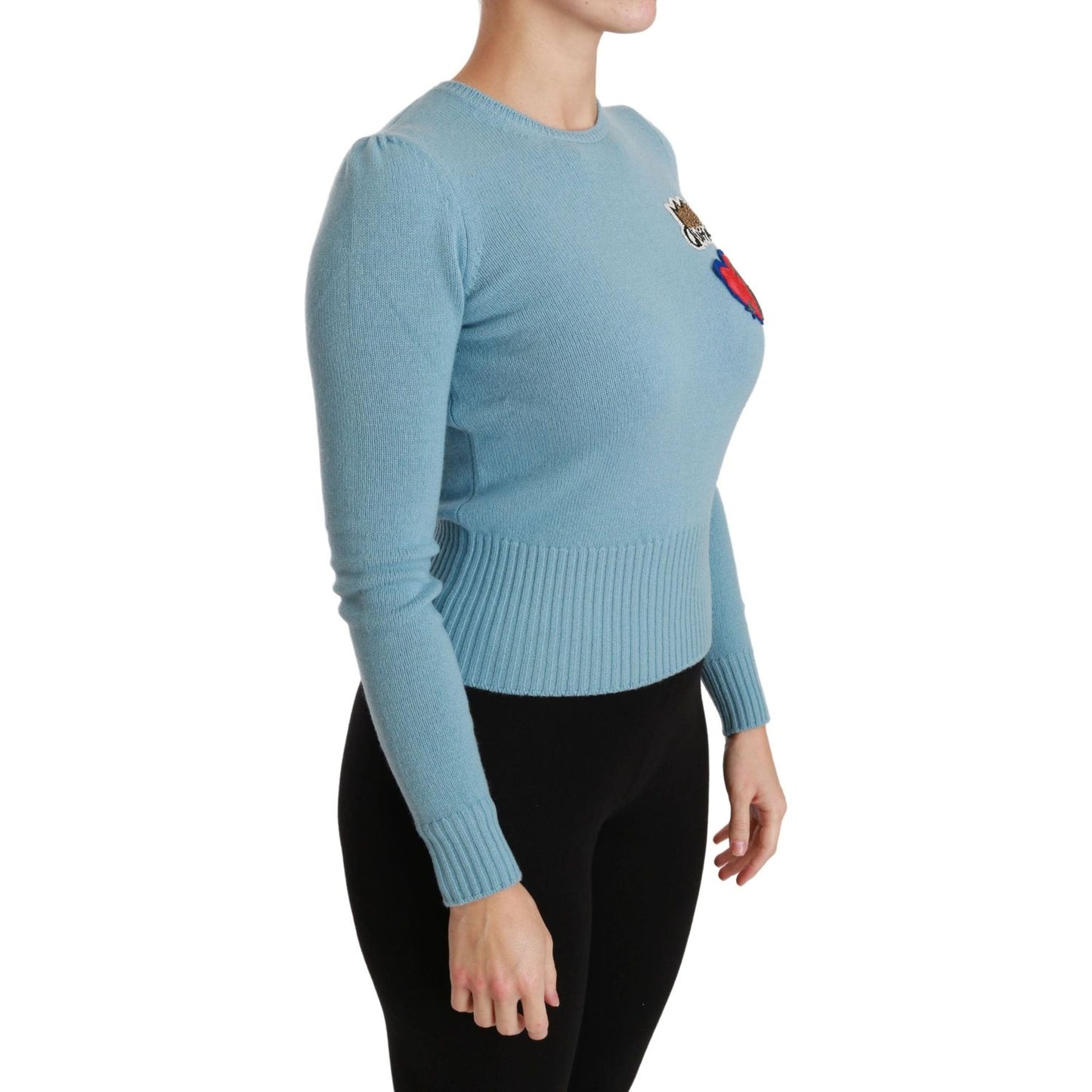 Dolce & Gabbana Queen Heart Beaded Wool Sweater WOMAN TOPS AND SHIRTS Dolce & Gabbana Light Slate Gray