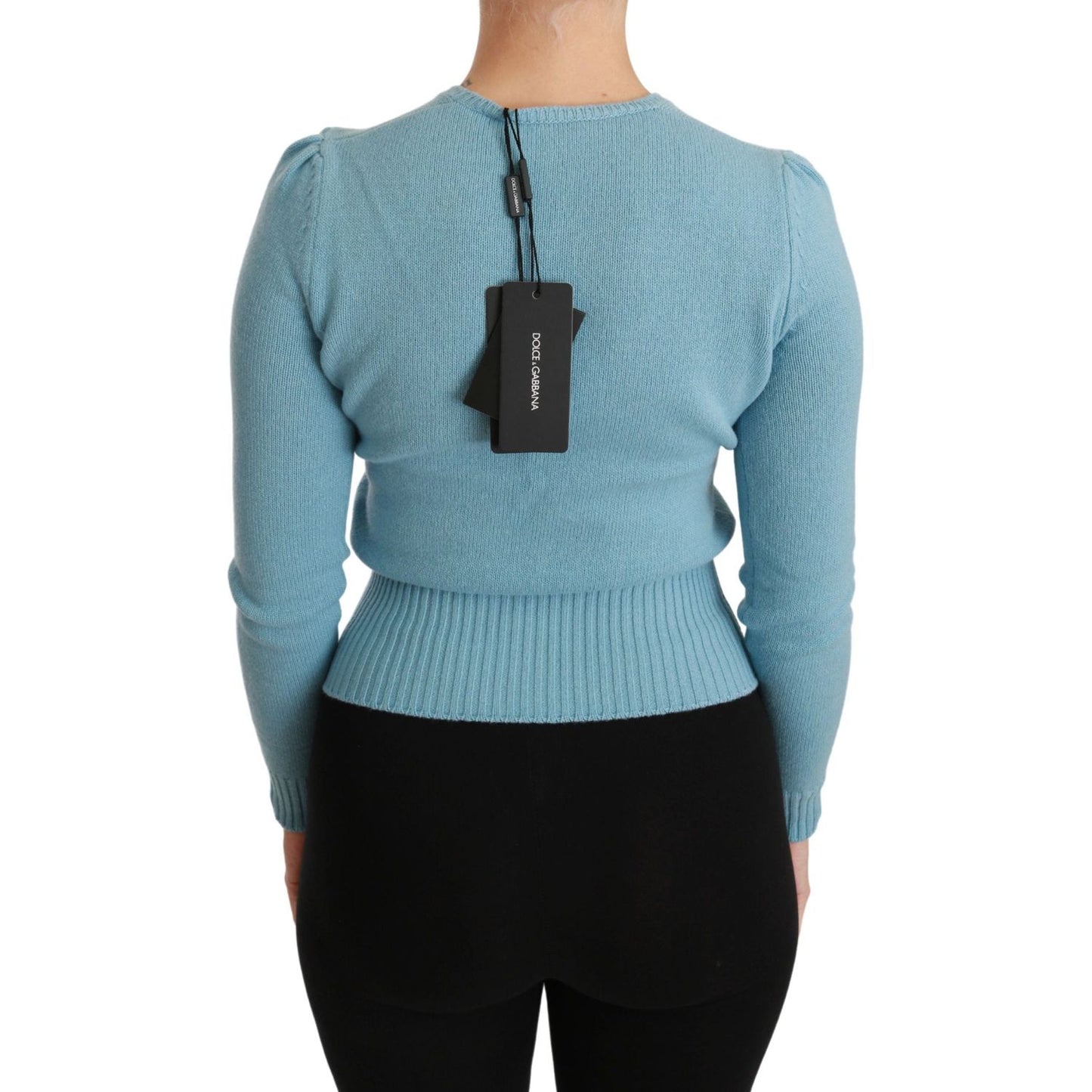 Dolce & Gabbana Queen Heart Beaded Wool Sweater WOMAN TOPS AND SHIRTS Dolce & Gabbana Cadet Blue