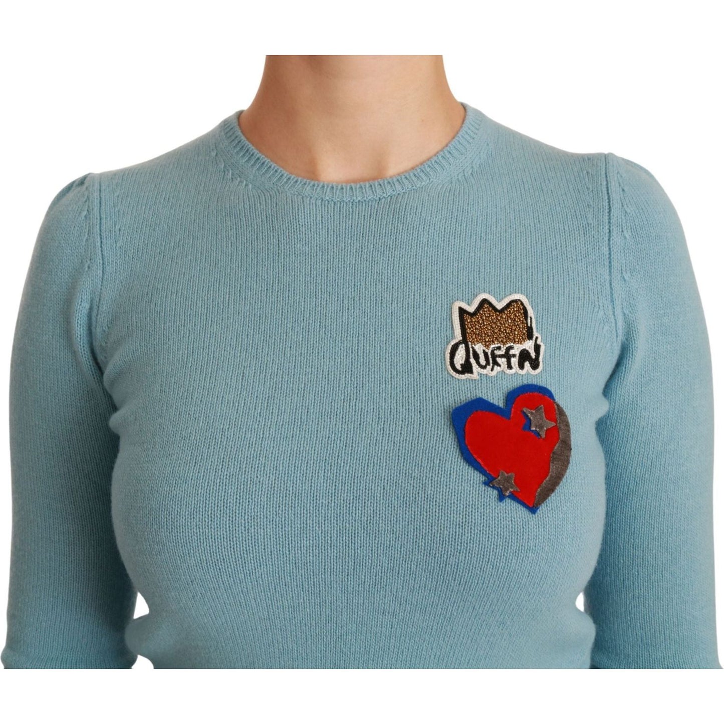 Dolce & Gabbana Queen Heart Beaded Wool Sweater WOMAN TOPS AND SHIRTS Dolce & Gabbana Light Slate Gray