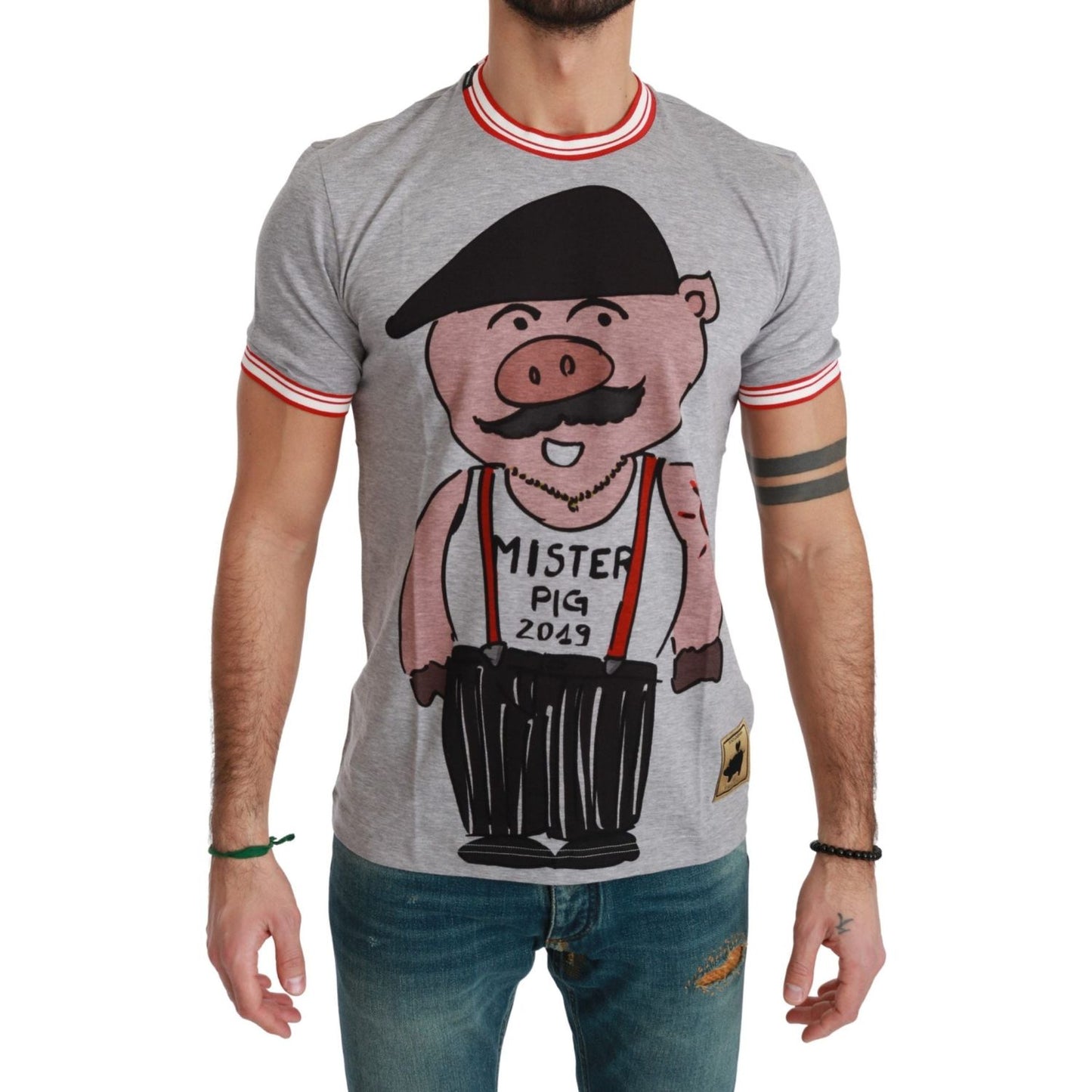 Dolce & Gabbana Chic Gray Cotton T-Shirt with Year of the Pig Motive Dolce & Gabbana Rosy Brown