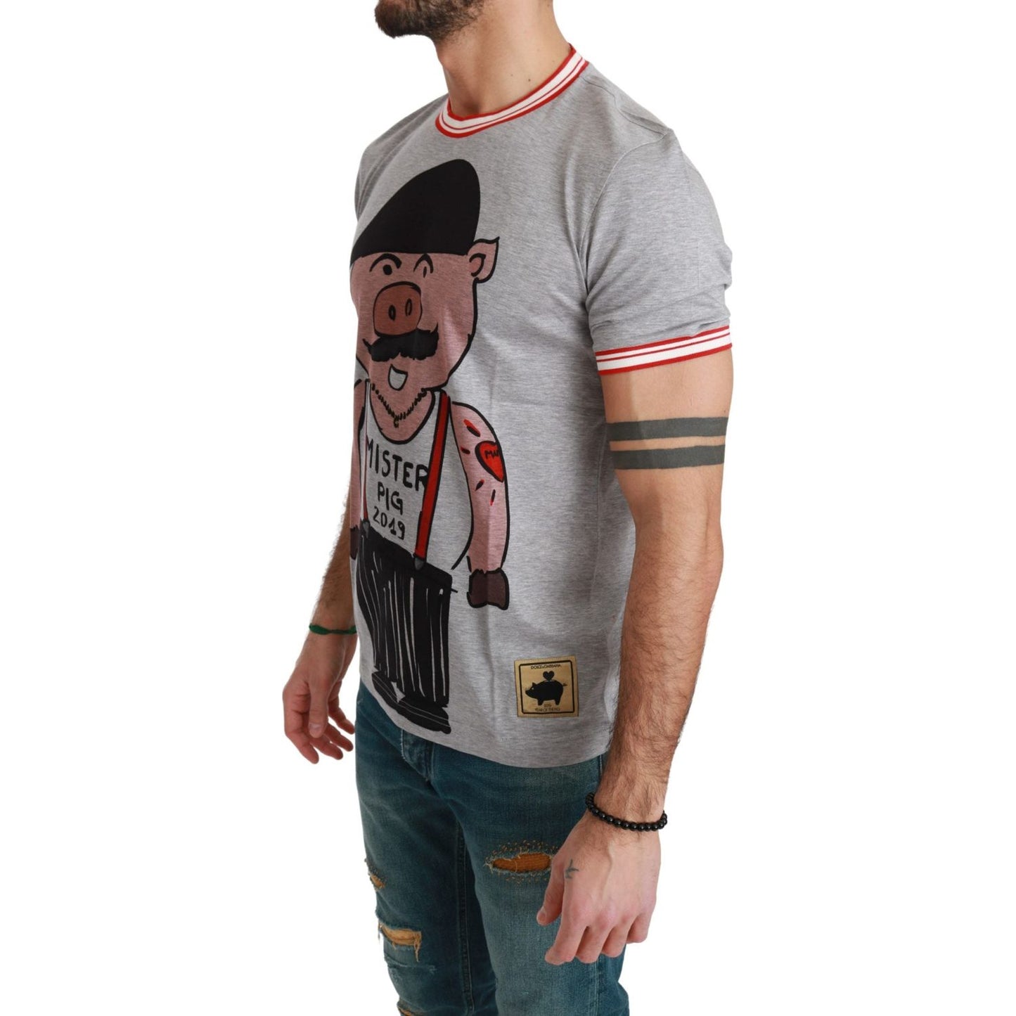 Dolce & Gabbana Chic Gray Cotton T-Shirt with Year of the Pig Motive Dolce & Gabbana Light Slate Gray