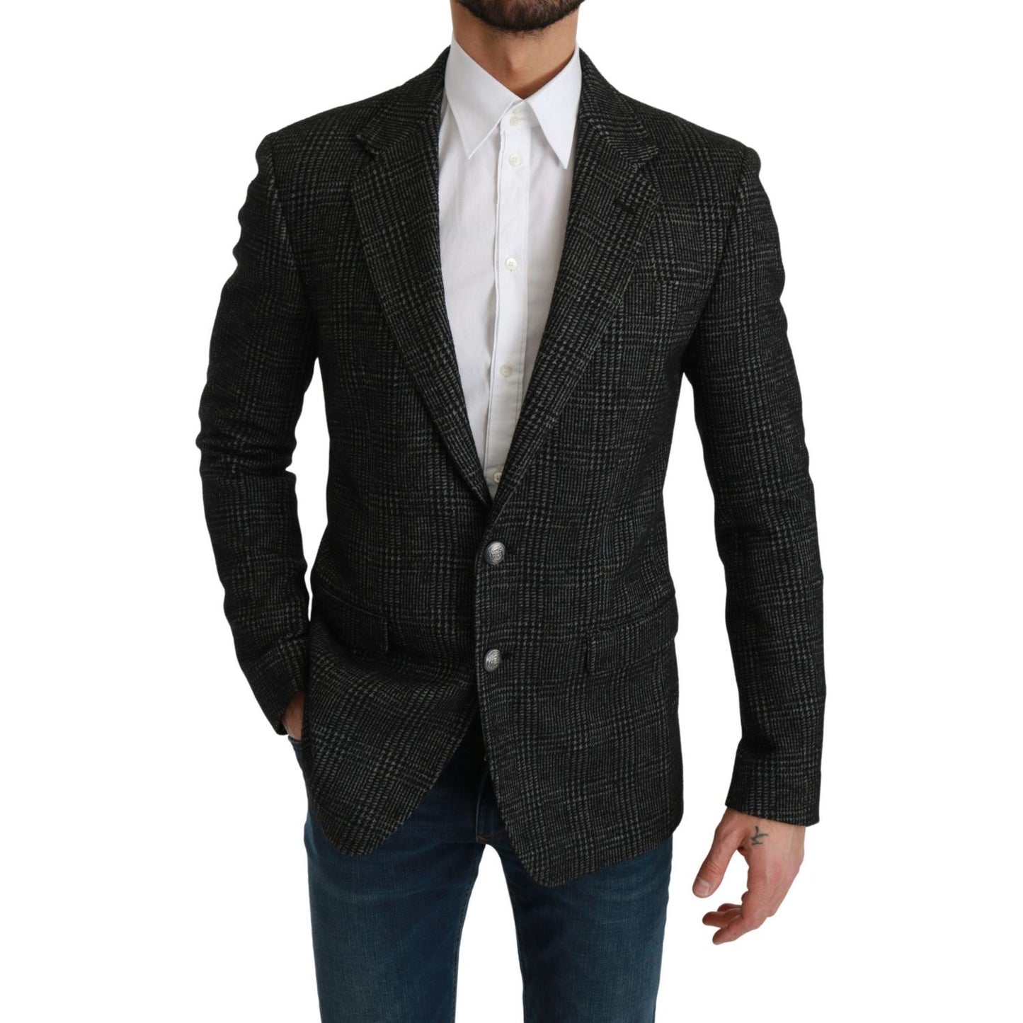 Dolce & Gabbana Elegant Gray Plaid Slim Fit Blazer Dolce & Gabbana Black