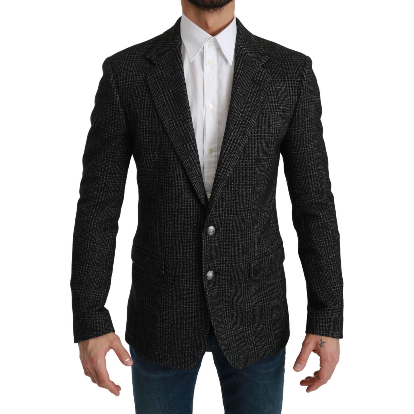 Dolce & Gabbana Elegant Gray Plaid Slim Fit Blazer Dolce & Gabbana Black