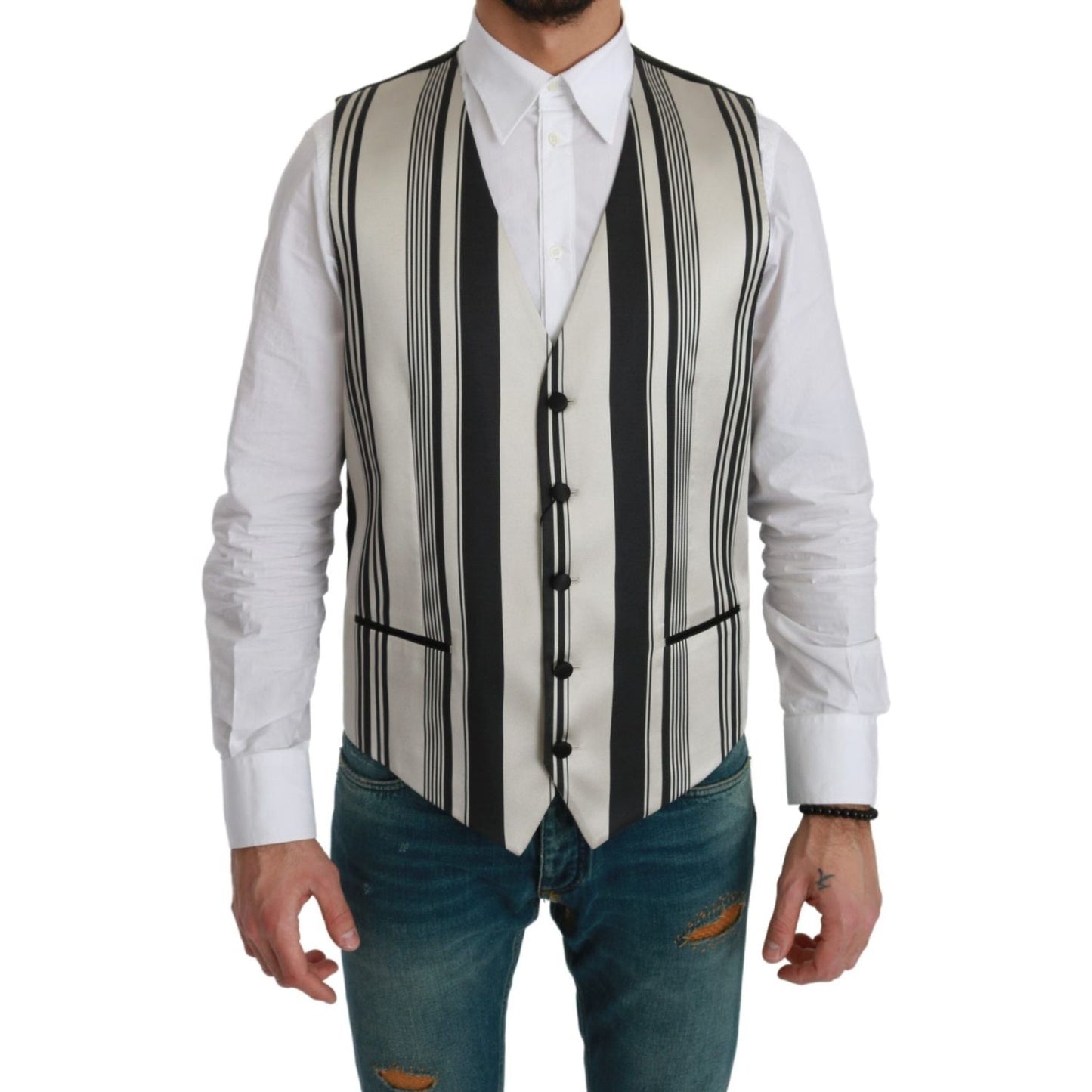 Dolce & Gabbana Stripe Cotton Silk Dress Vest Dolce & Gabbana Gray