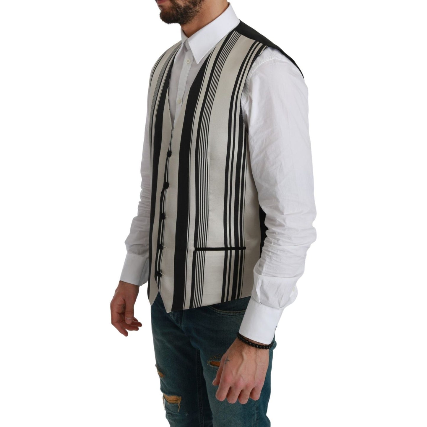 Dolce & Gabbana Stripe Cotton Silk Dress Vest Dolce & Gabbana Dark Gray