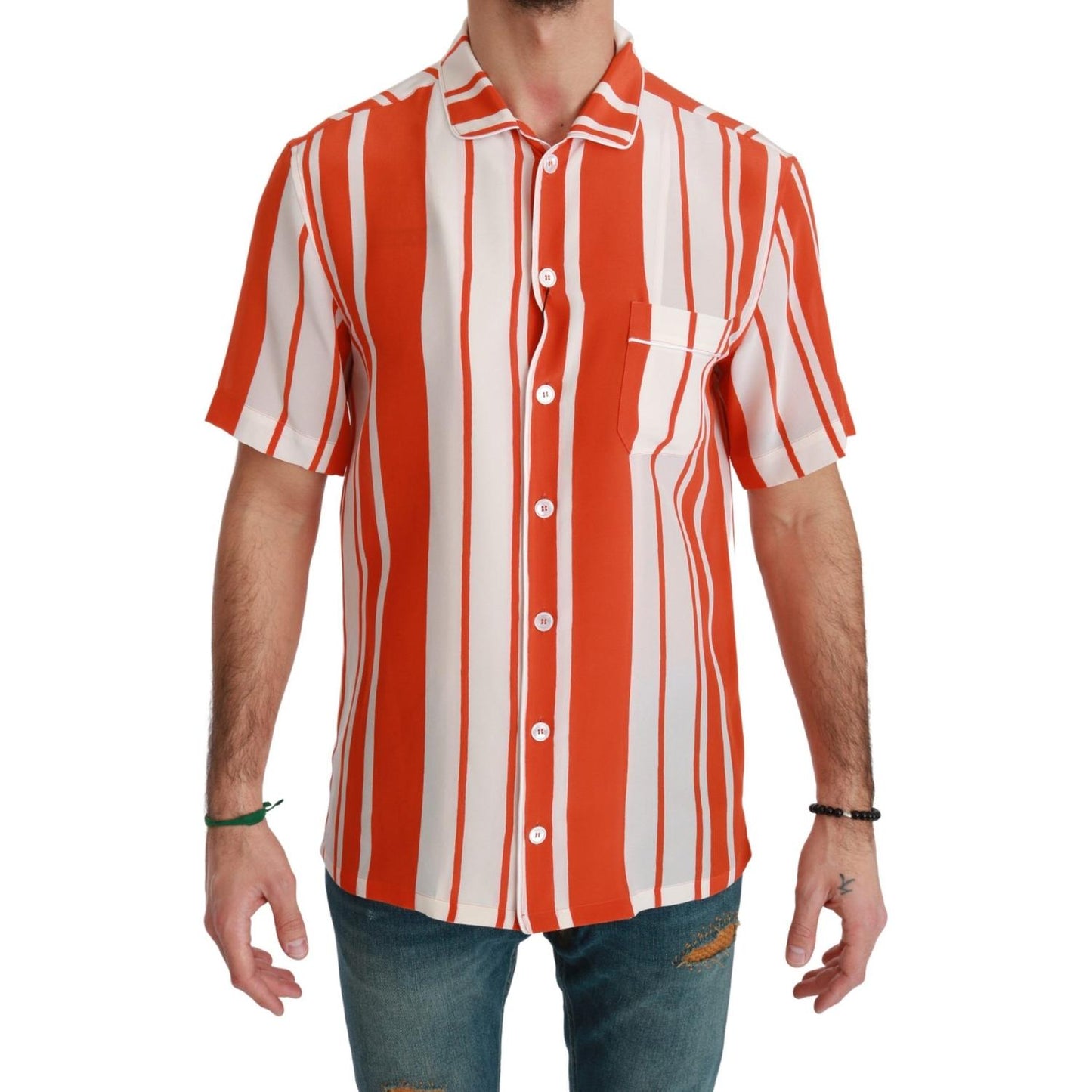 Dolce & Gabbana Elegant Striped Silk Shirt - White & Orange Dolce & Gabbana Sienna