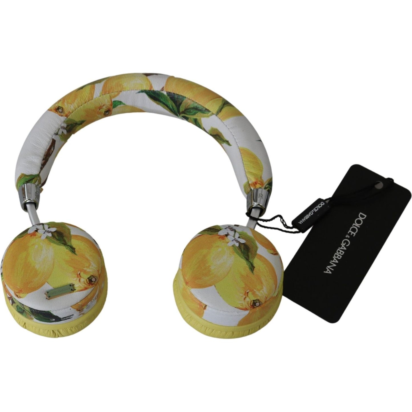 Dolce & Gabbana Chic White Leather Headphones with Yellow Print Dolce & Gabbana Dim Gray