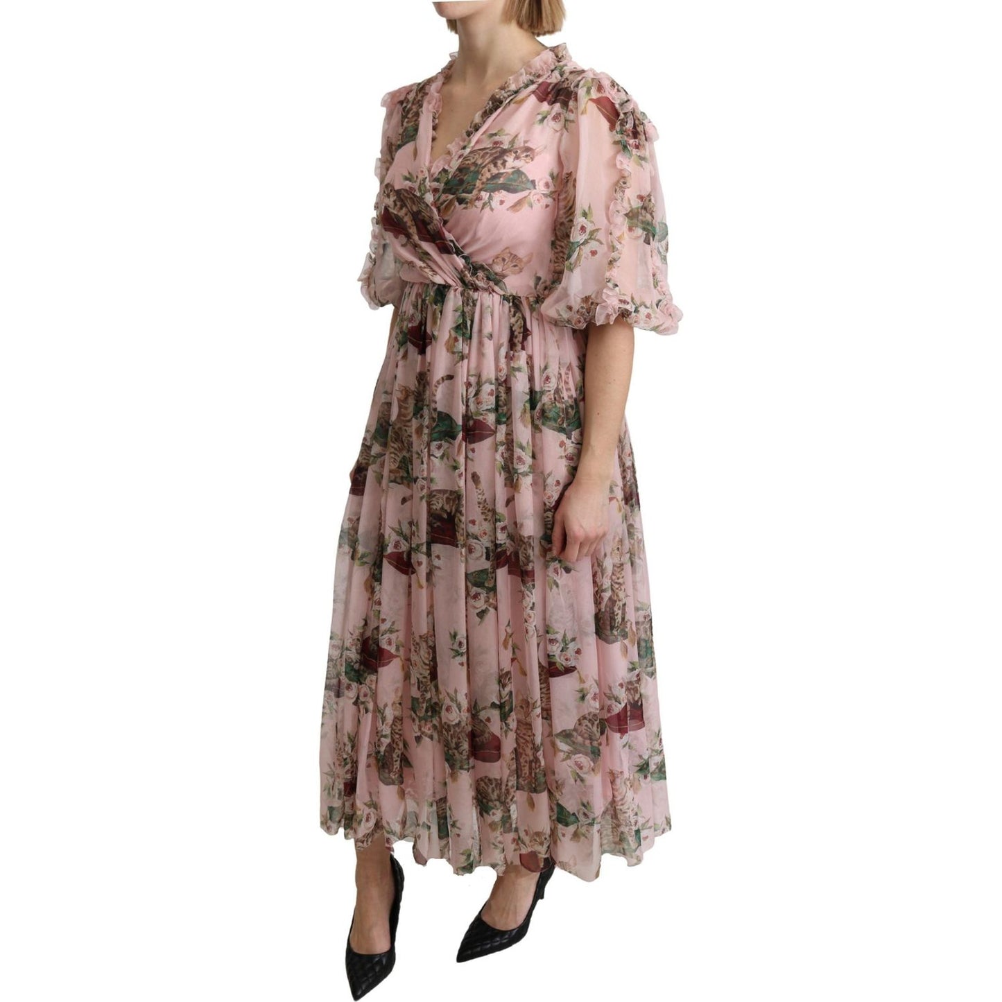 Dolce & Gabbana Elegant Pink Bengal Cat Print A-Line Maxi Dress Dolce & Gabbana Dim Gray