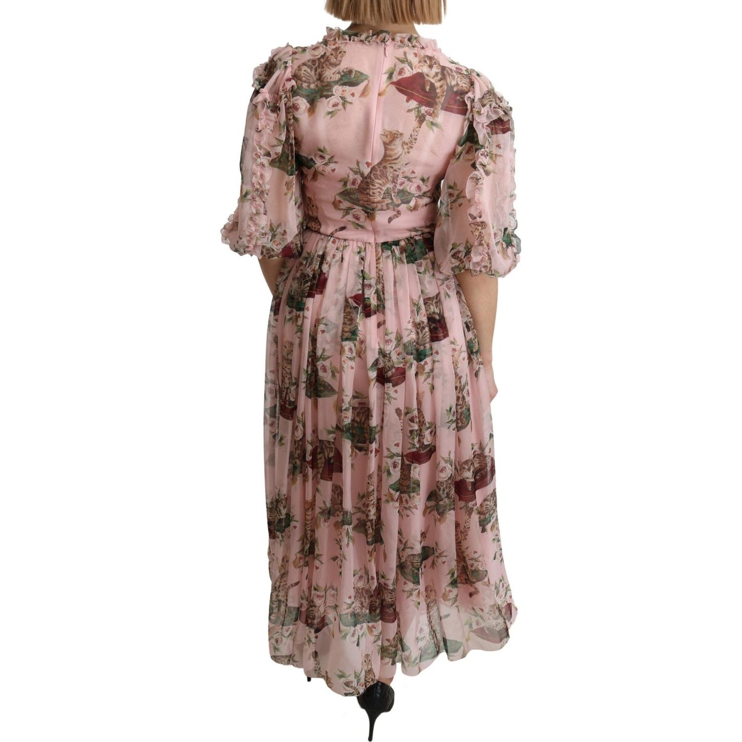 Dolce & Gabbana Elegant Pink Bengal Cat Print A-Line Maxi Dress Dolce & Gabbana Rosy Brown