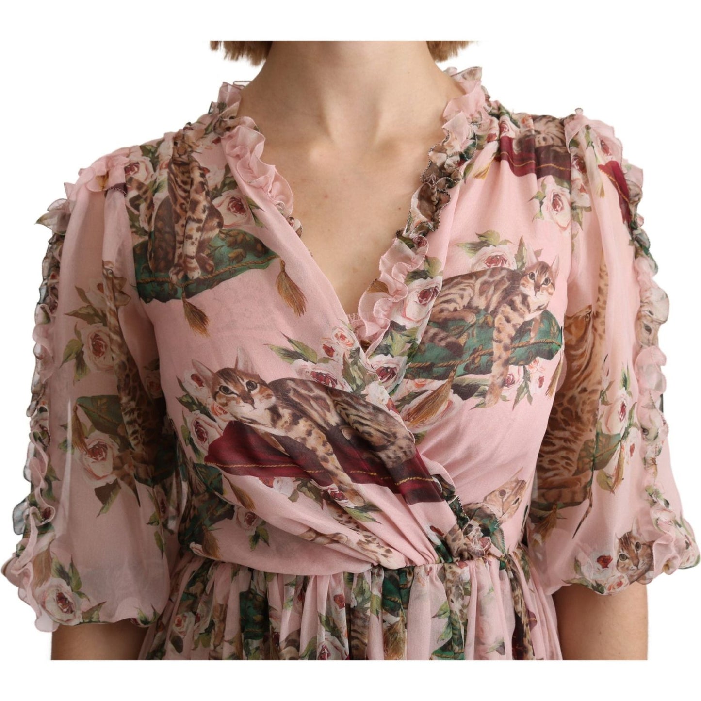 Dolce & Gabbana Elegant Pink Bengal Cat Print A-Line Maxi Dress Dolce & Gabbana Rosy Brown