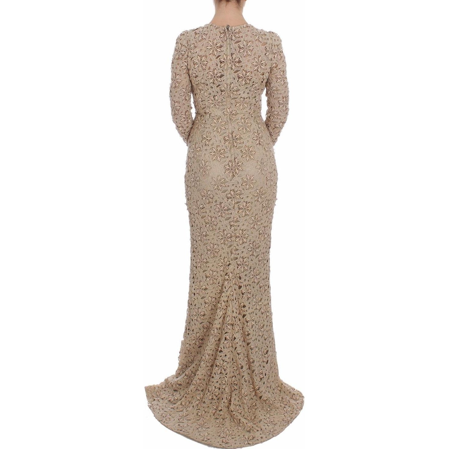 Dolce & Gabbana Beige Floral Lace Long Sleeve Maxi Dress Dolce & Gabbana Rosy Brown
