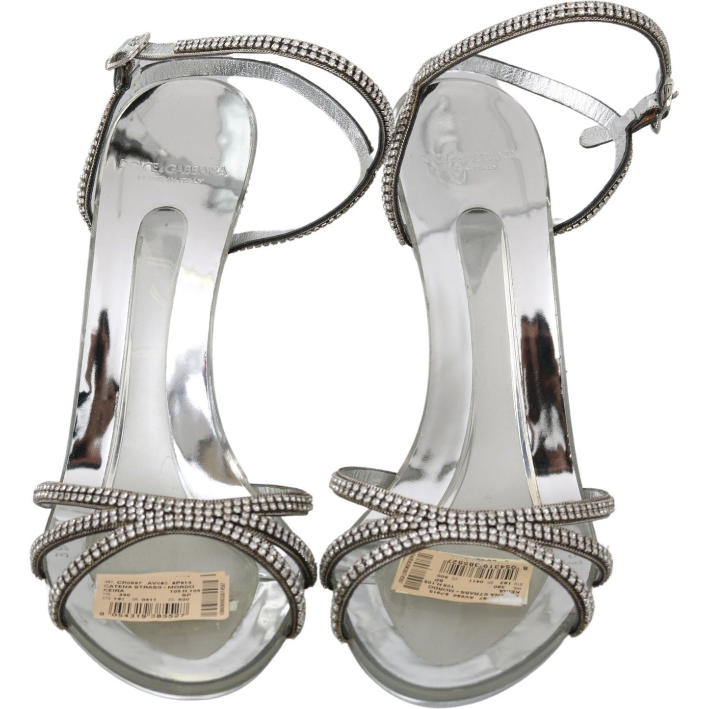 Dolce & Gabbana Silver Leather Ankle Strap Sandals with Crystals Dolce & Gabbana Gray