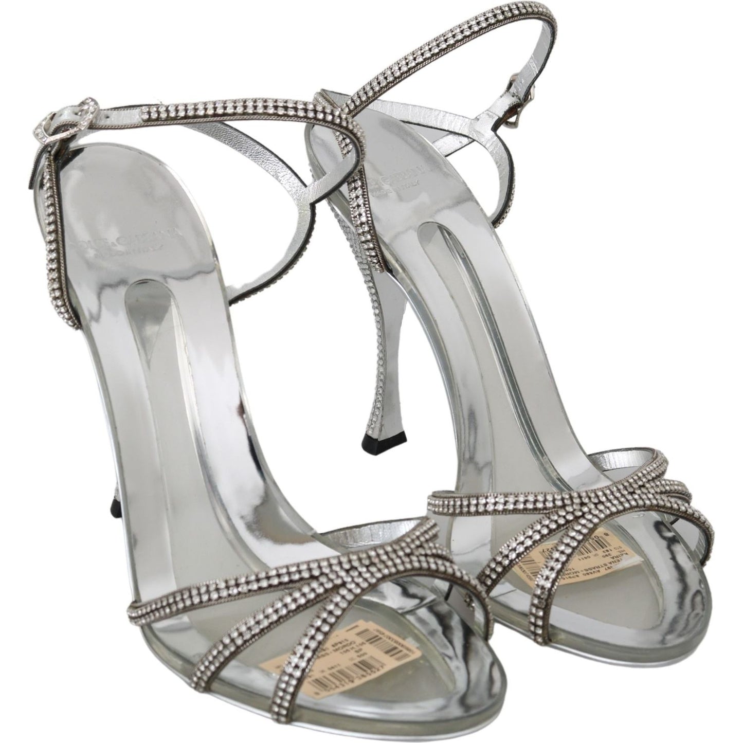 Dolce & Gabbana Silver Leather Ankle Strap Sandals with Crystals Dolce & Gabbana Gray