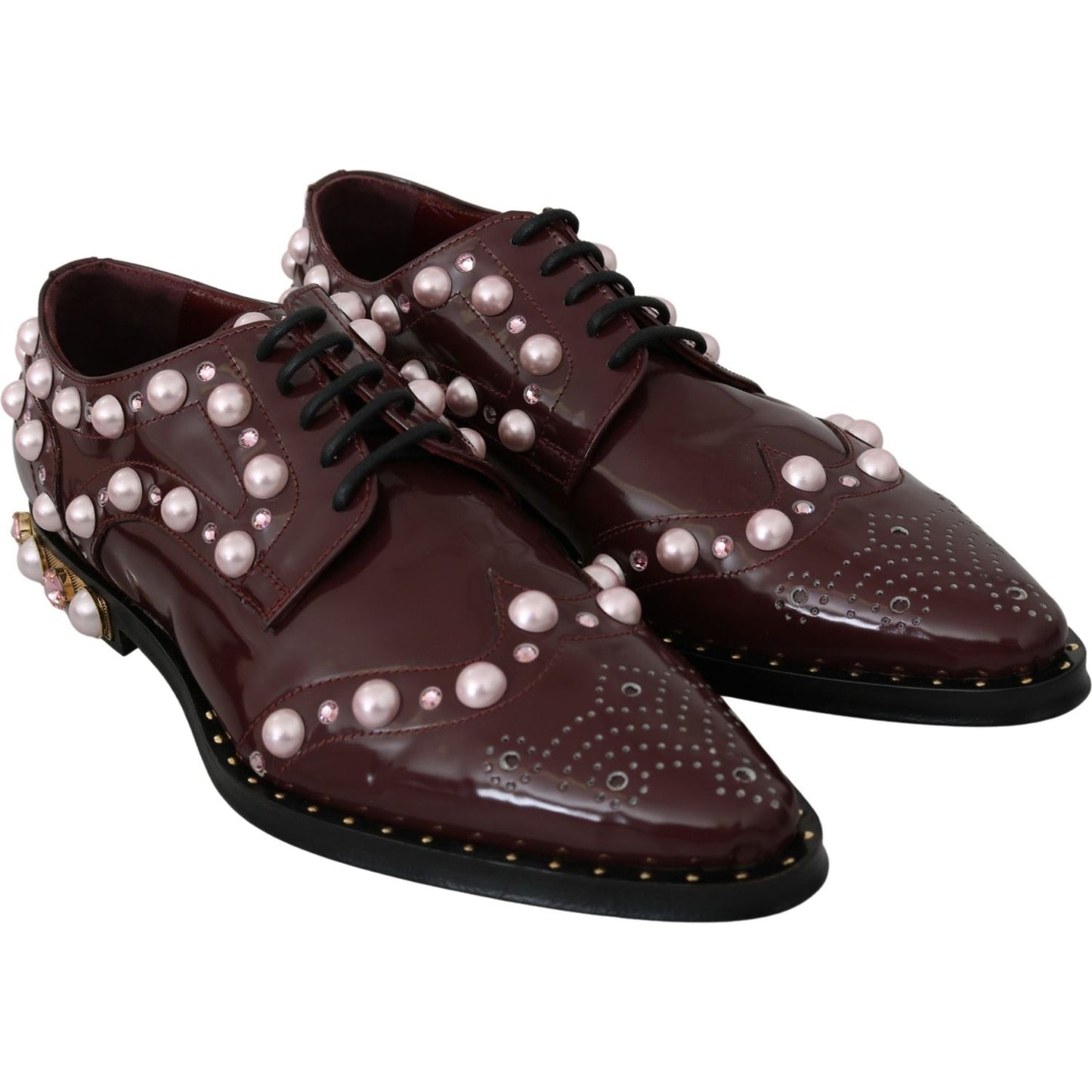 Dolce & Gabbana Elegant Bordeaux Lace-Up Flats with Pearls and Crystals Dolce & Gabbana Dark Slate Gray