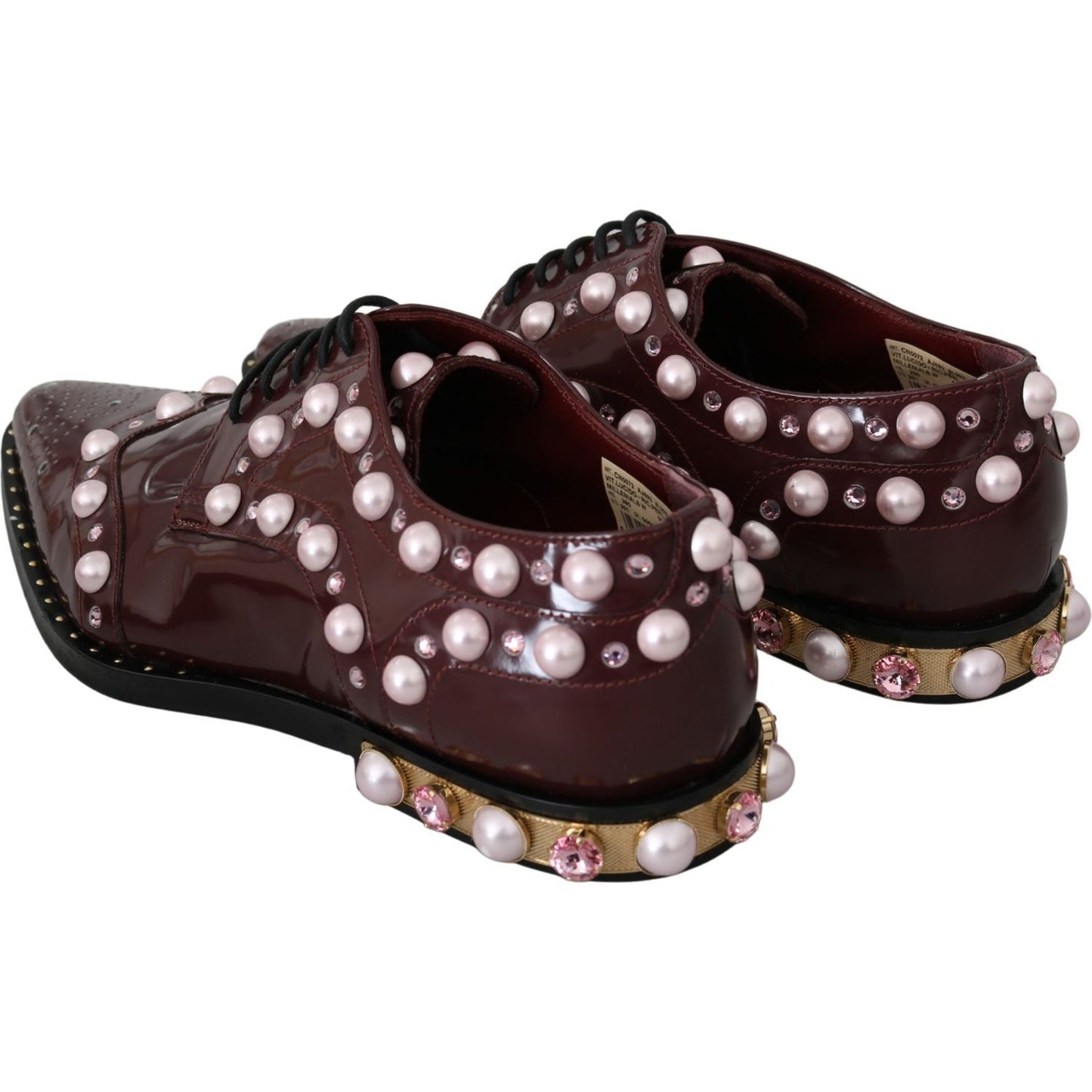 Dolce & Gabbana Elegant Bordeaux Lace-Up Flats with Pearls and Crystals Dolce & Gabbana Black