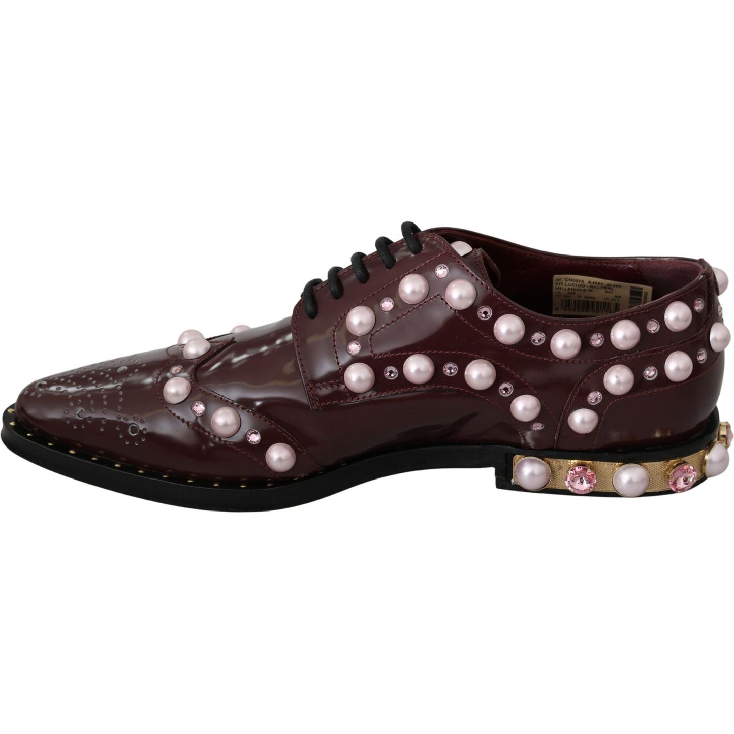 Dolce & Gabbana Elegant Bordeaux Lace-Up Flats with Pearls and Crystals Dolce & Gabbana Black