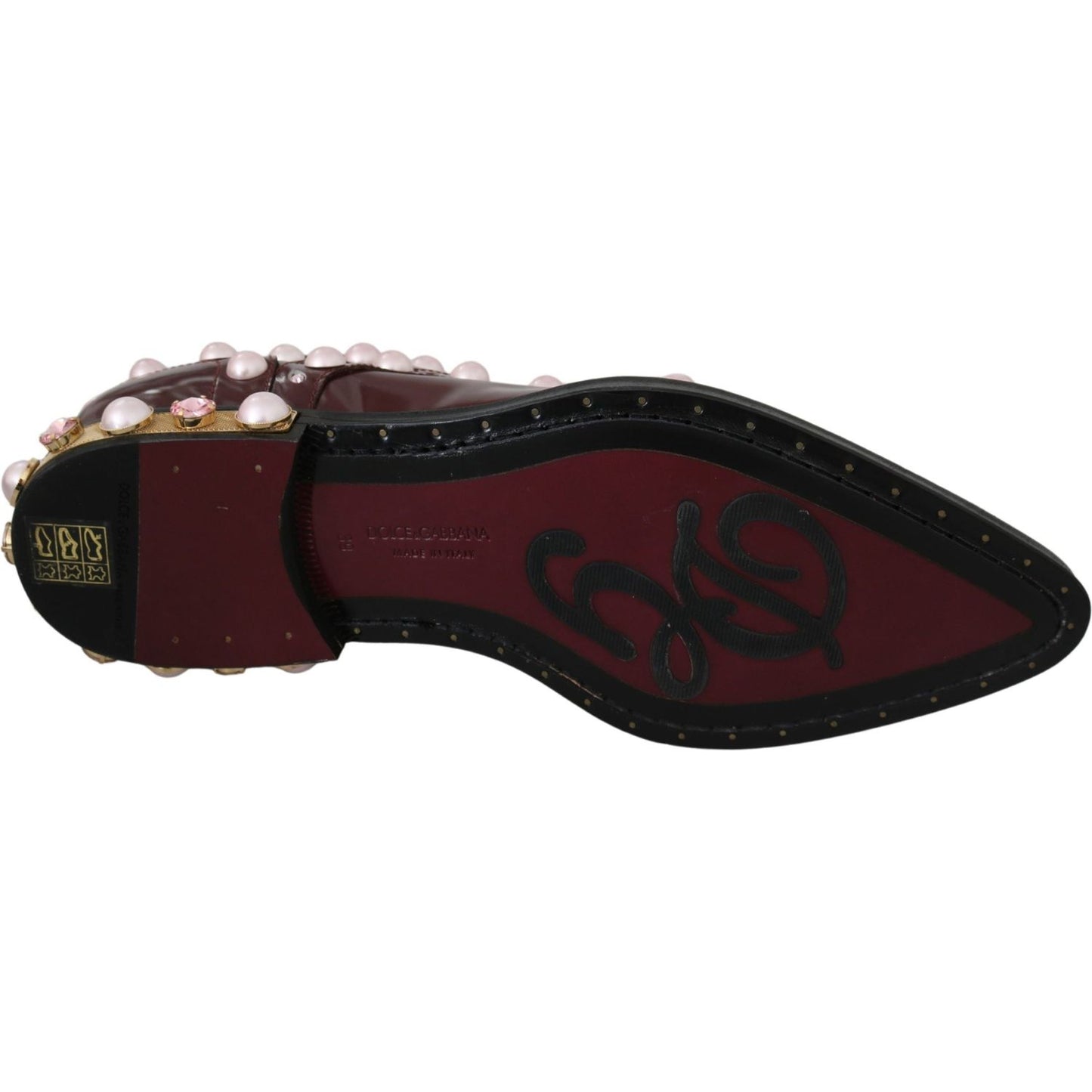 Dolce & Gabbana Elegant Bordeaux Lace-Up Flats with Pearls and Crystals Dolce & Gabbana Black