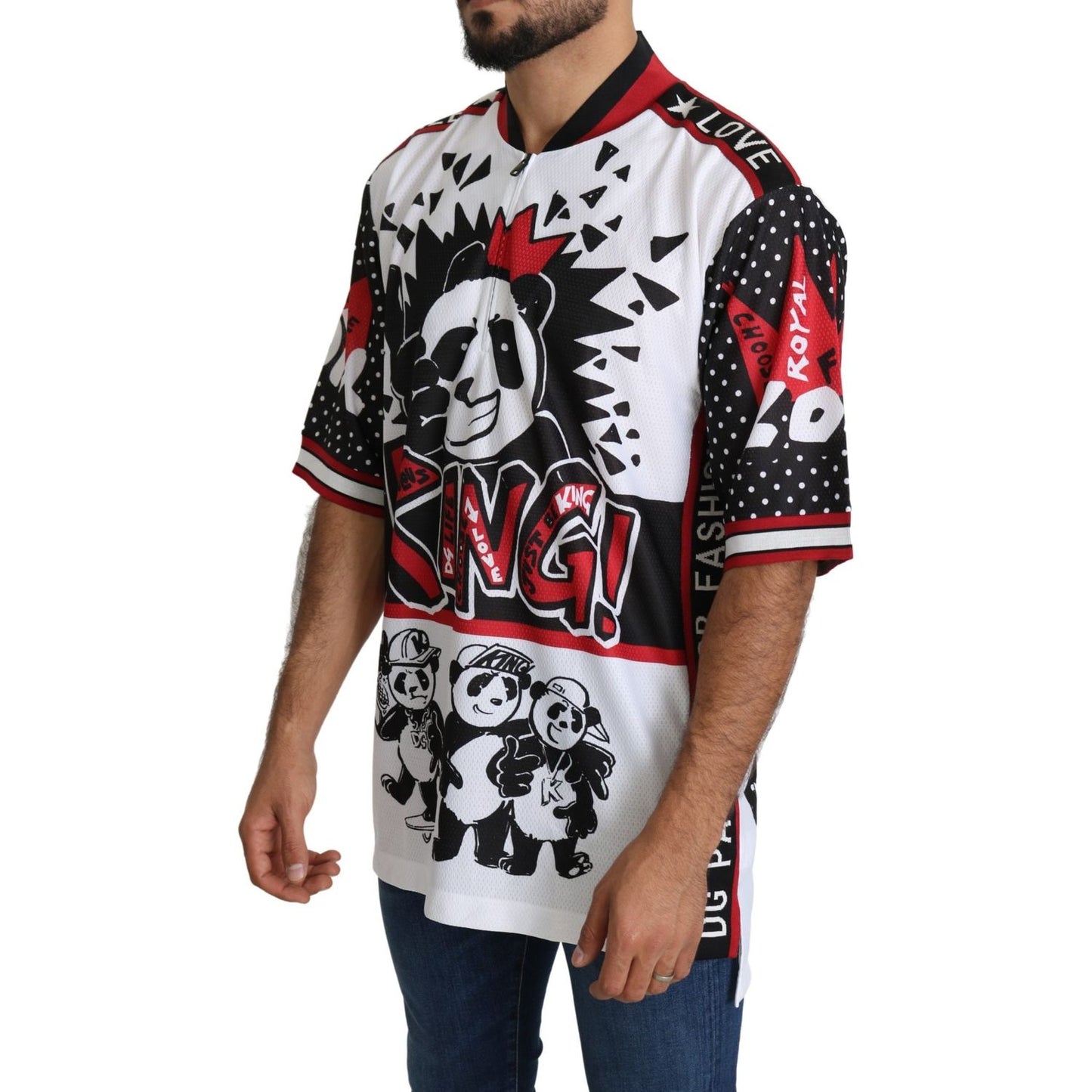 Dolce & Gabbana Chic White King Panda Print Zipper Collar Tee Dolce & Gabbana Dark Slate Gray