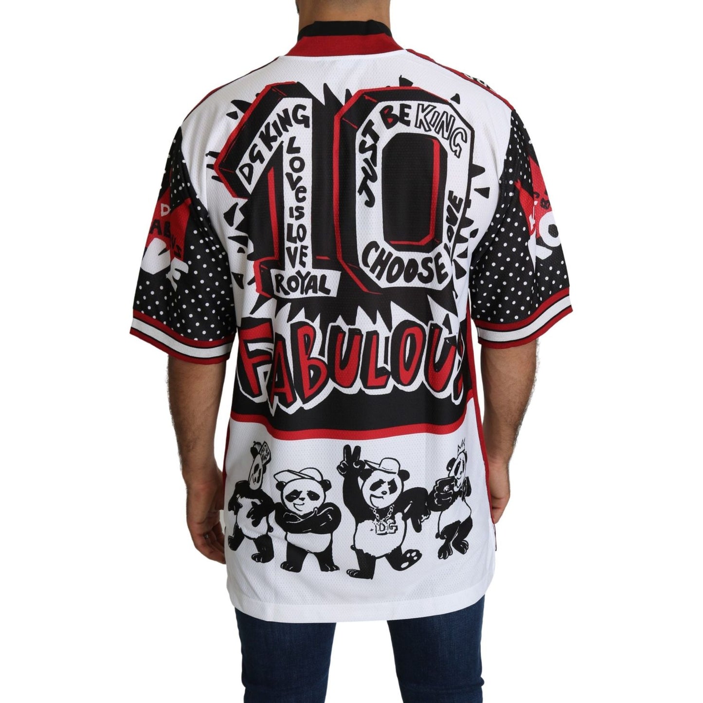 Dolce & Gabbana Chic White King Panda Print Zipper Collar Tee Dolce & Gabbana Light Gray