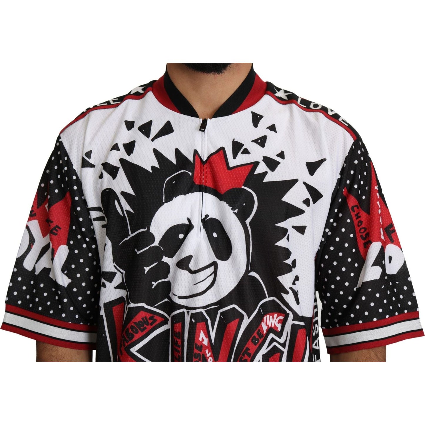 Dolce & Gabbana Chic White King Panda Print Zipper Collar Tee Dolce & Gabbana Light Gray