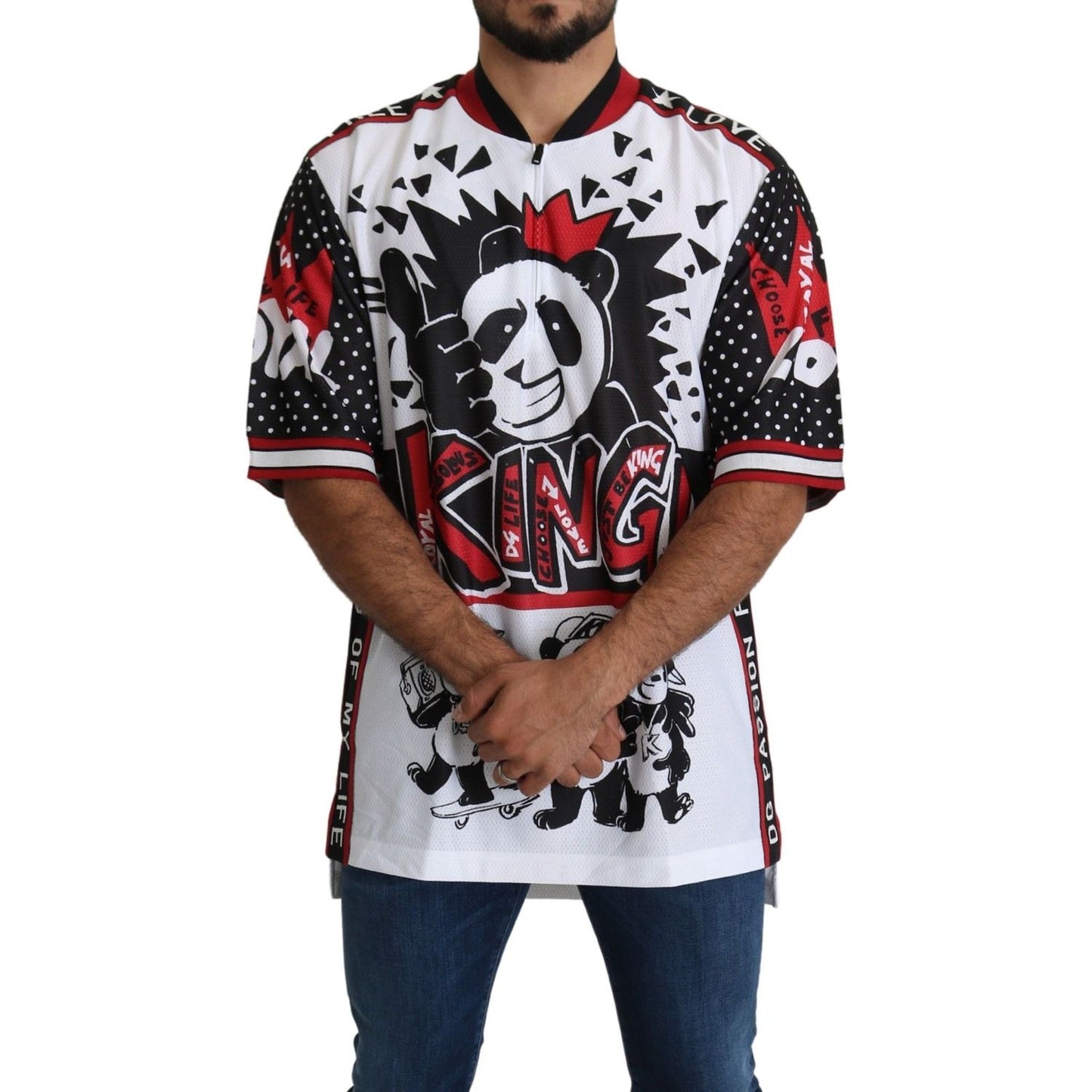Dolce & Gabbana Chic White King Panda Print Zipper Collar Tee Dolce & Gabbana Dark Slate Gray