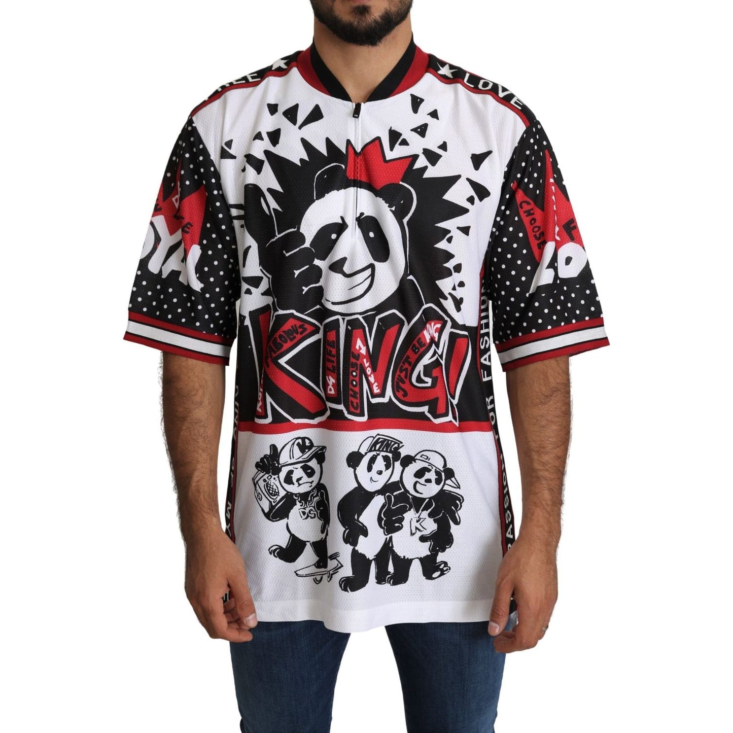 Dolce & Gabbana Chic White King Panda Print Zipper Collar Tee Dolce & Gabbana Dark Slate Gray