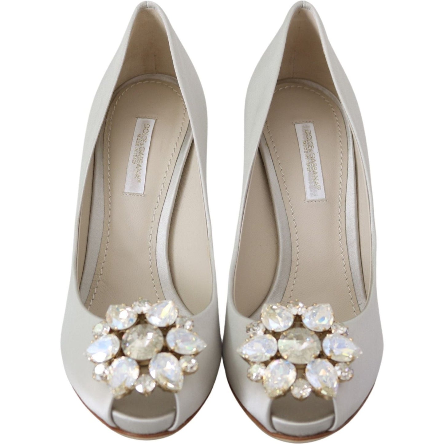 Dolce & Gabbana White Crystal Peep Toe Silk Blend Heels Dolce & Gabbana Dark Gray