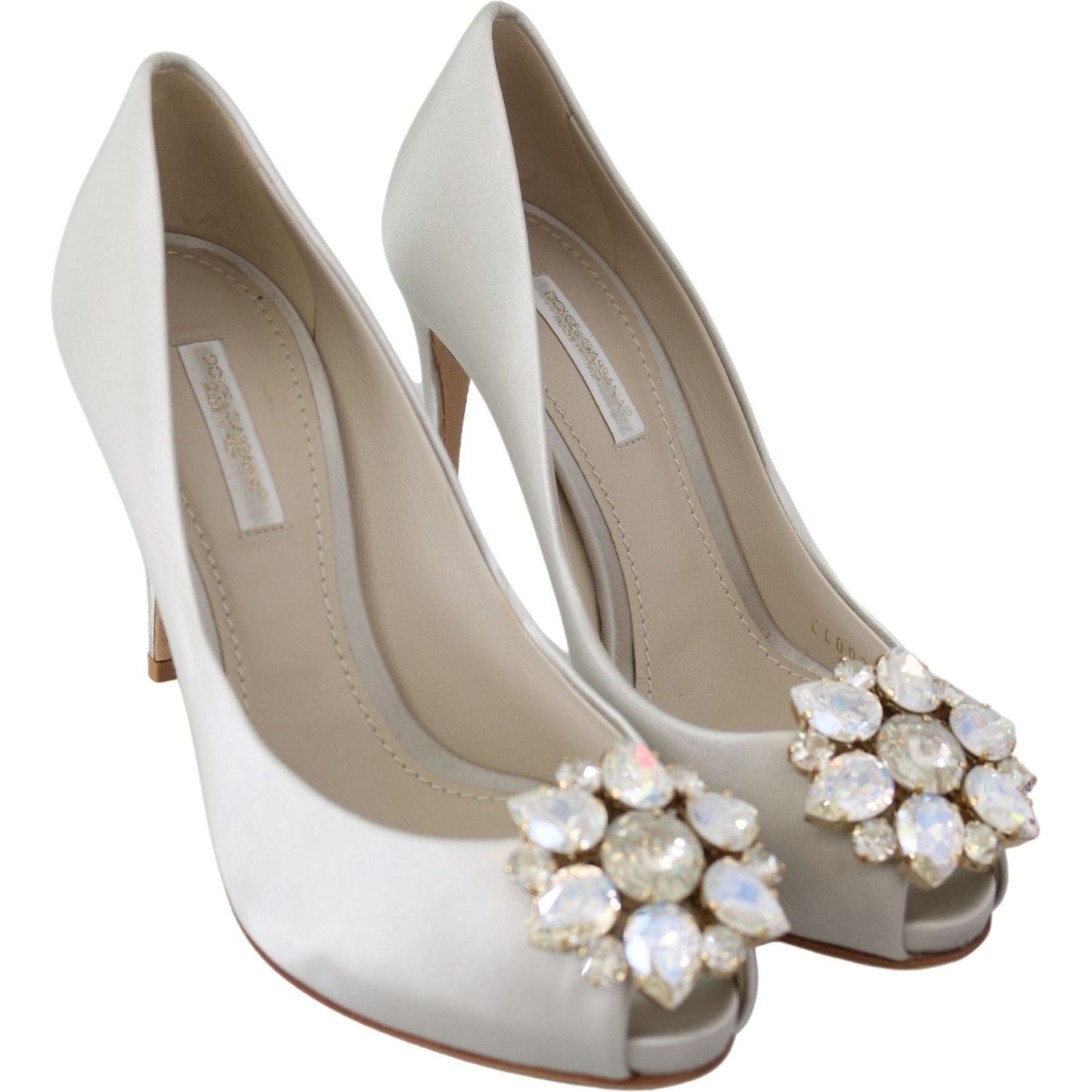 Dolce & Gabbana White Crystal Peep Toe Silk Blend Heels Dolce & Gabbana Rosy Brown