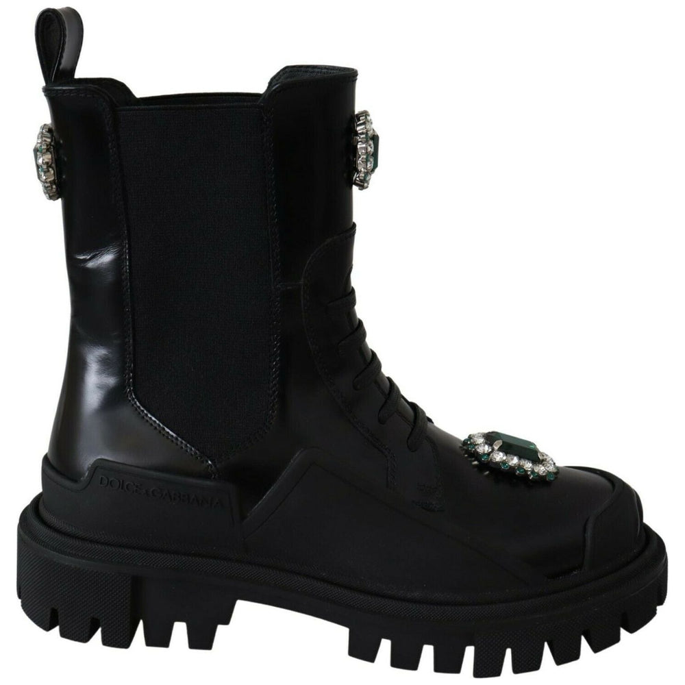 Dolce & Gabbana Black Leather Crystal Combat Boots LA8784-35.5