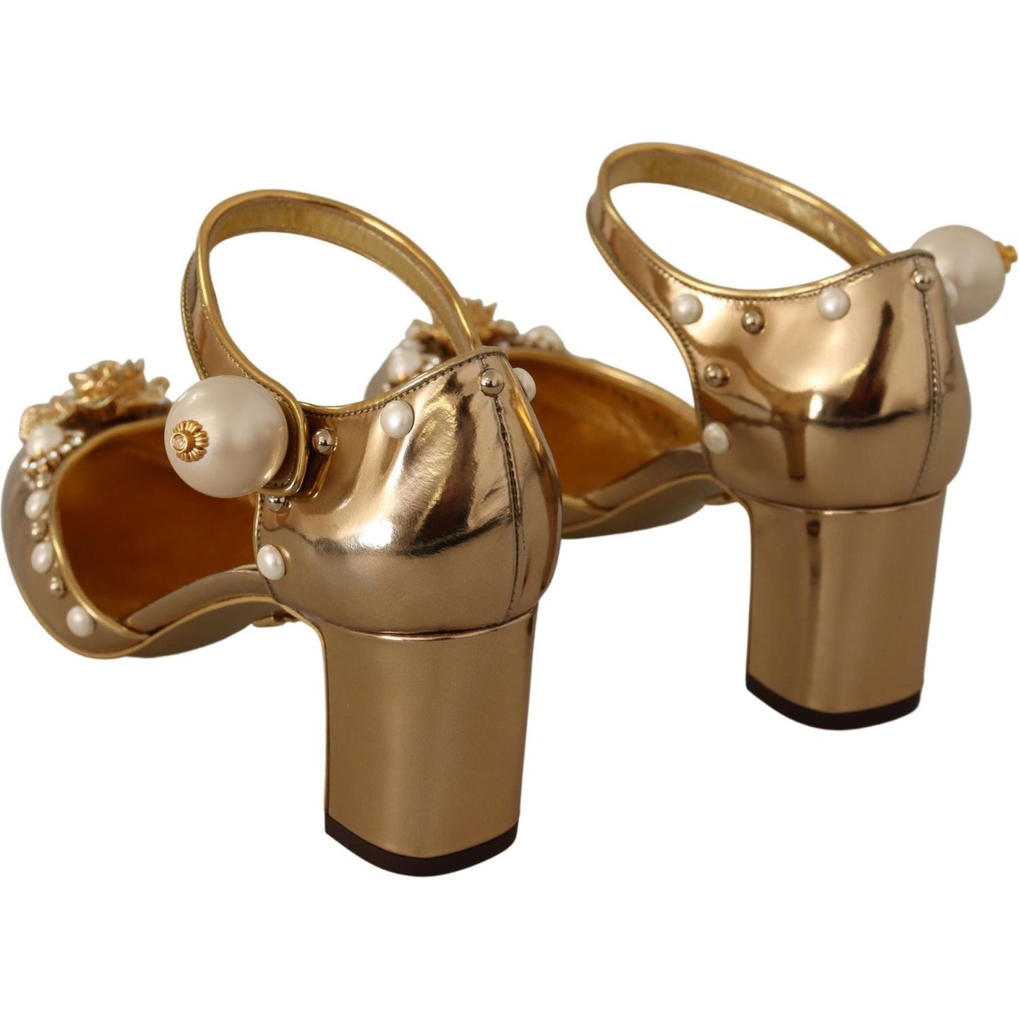 Dolce & Gabbana Elegant Gold Leather Block Heels with Crystals Dolce & Gabbana Sienna