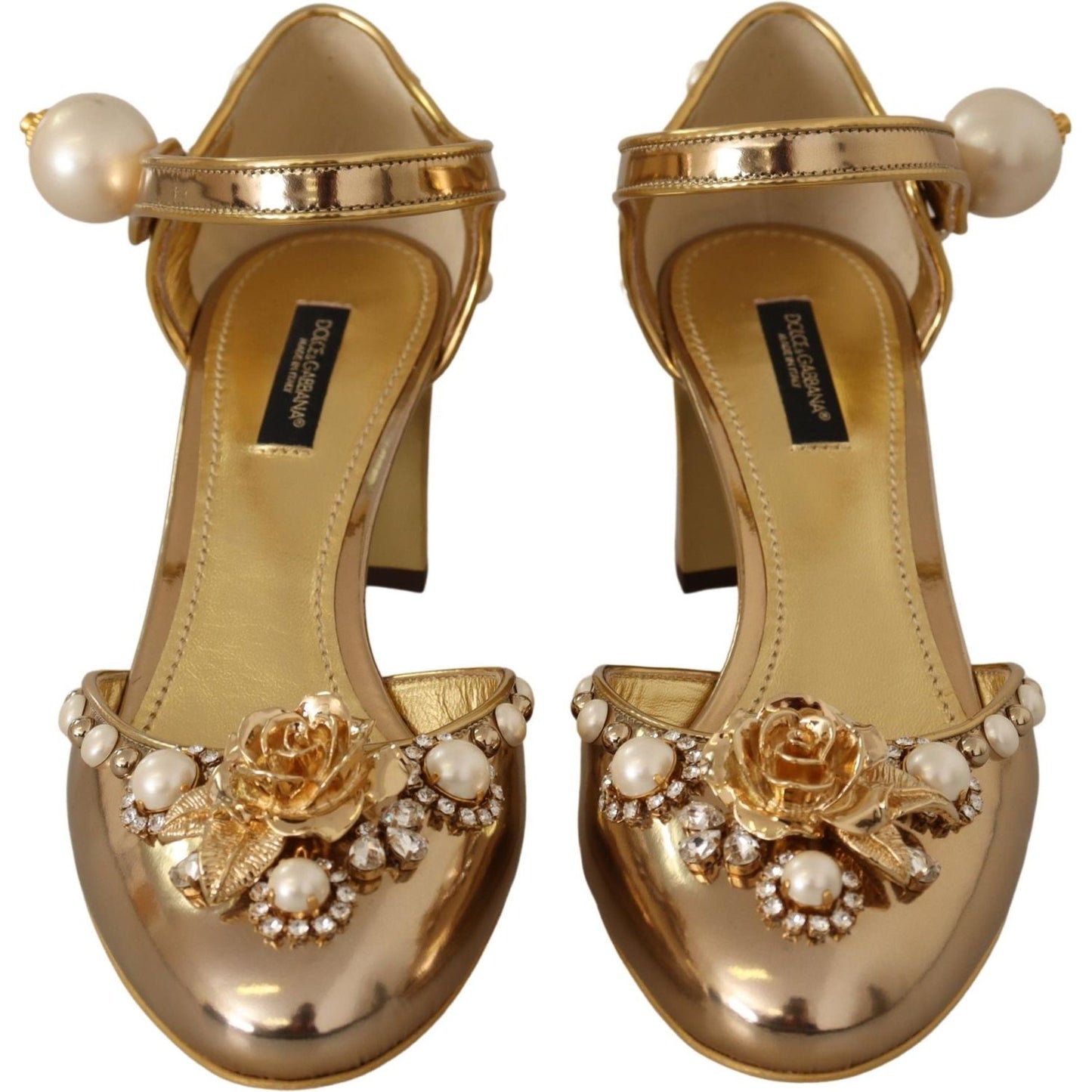 Dolce & Gabbana Elegant Gold Leather Block Heels with Crystals Dolce & Gabbana Sienna