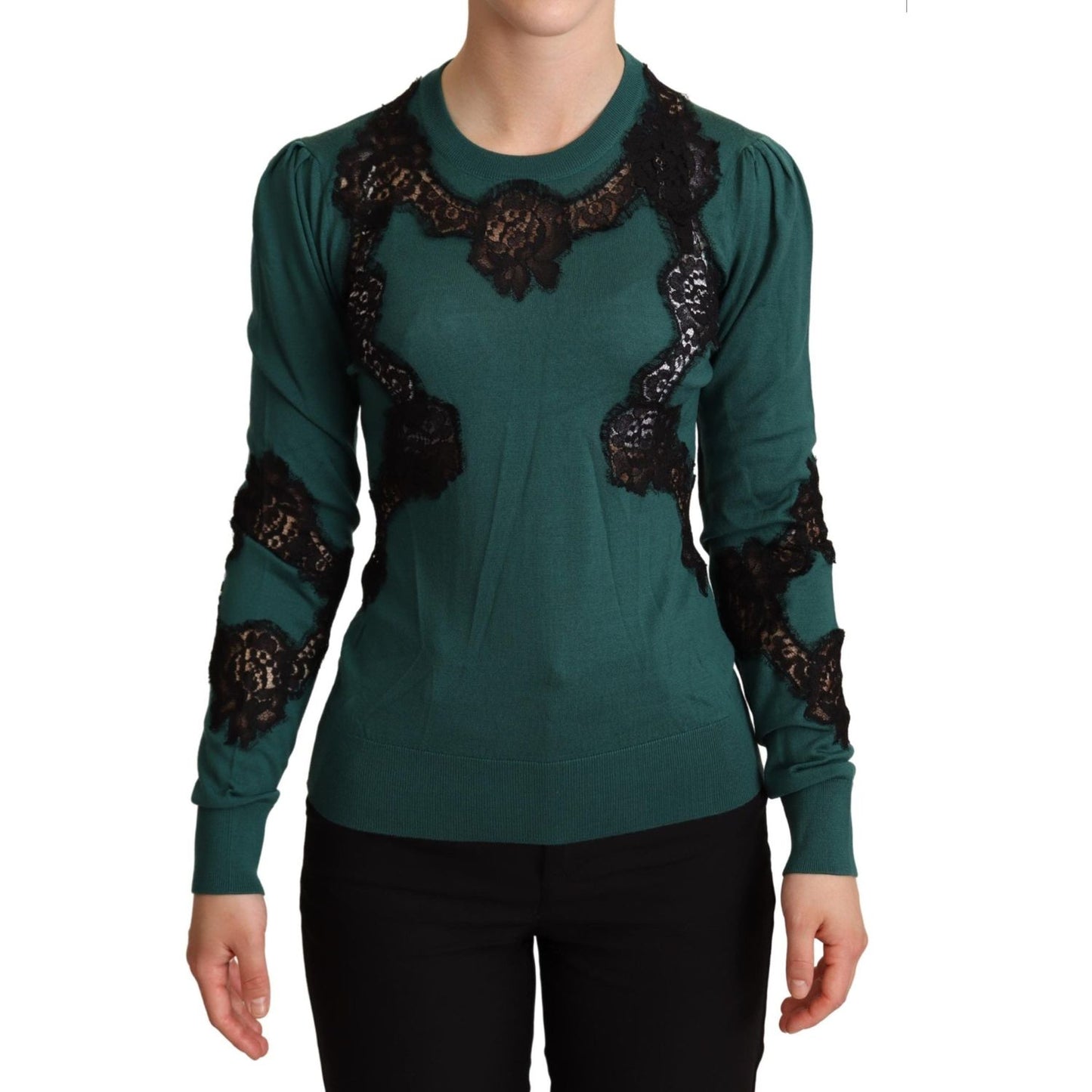 Dolce & Gabbana Elegant Green Pullover with Black Lace Detail Dolce & Gabbana Dark Slate Gray