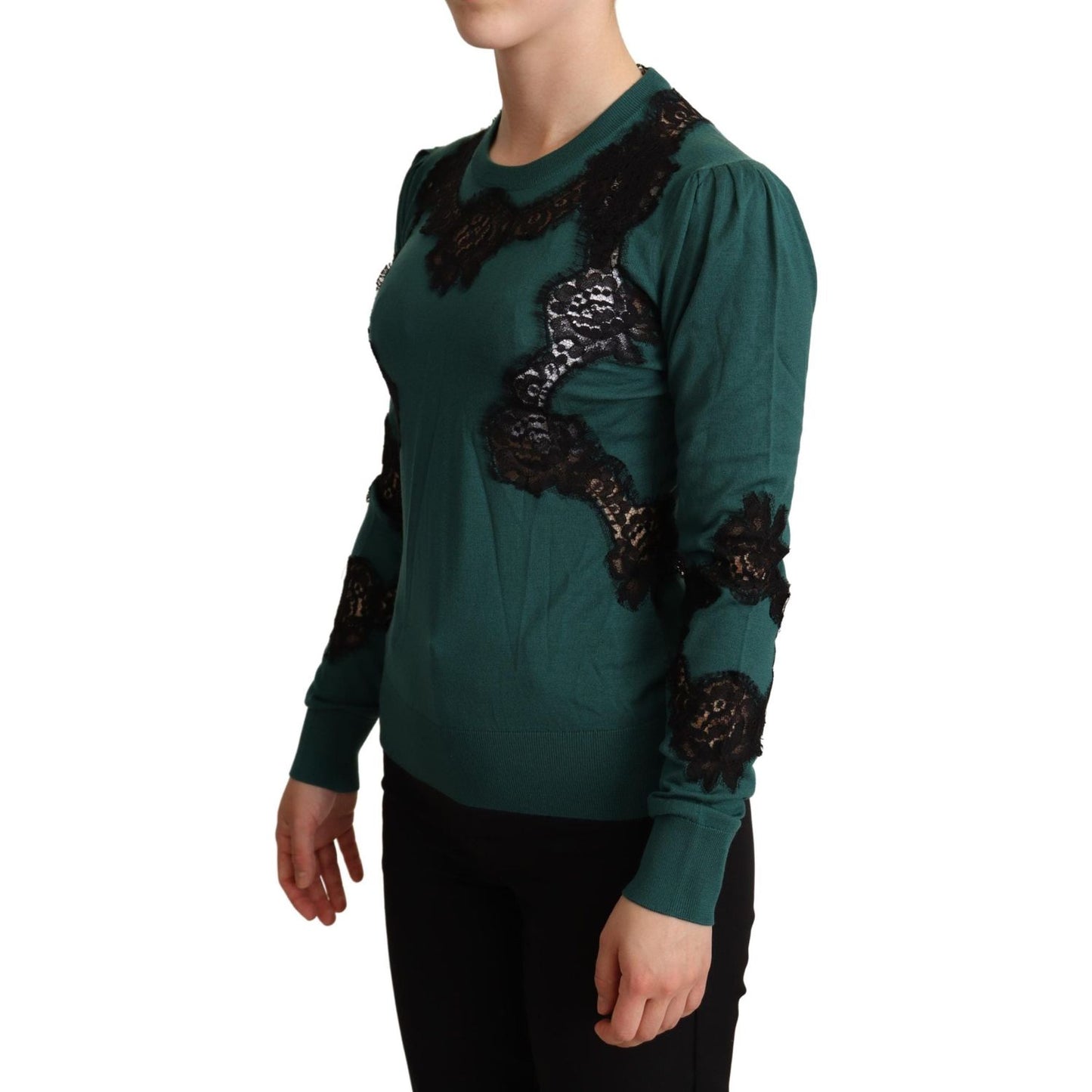 Dolce & Gabbana Elegant Green Pullover with Black Lace Detail Dolce & Gabbana Black