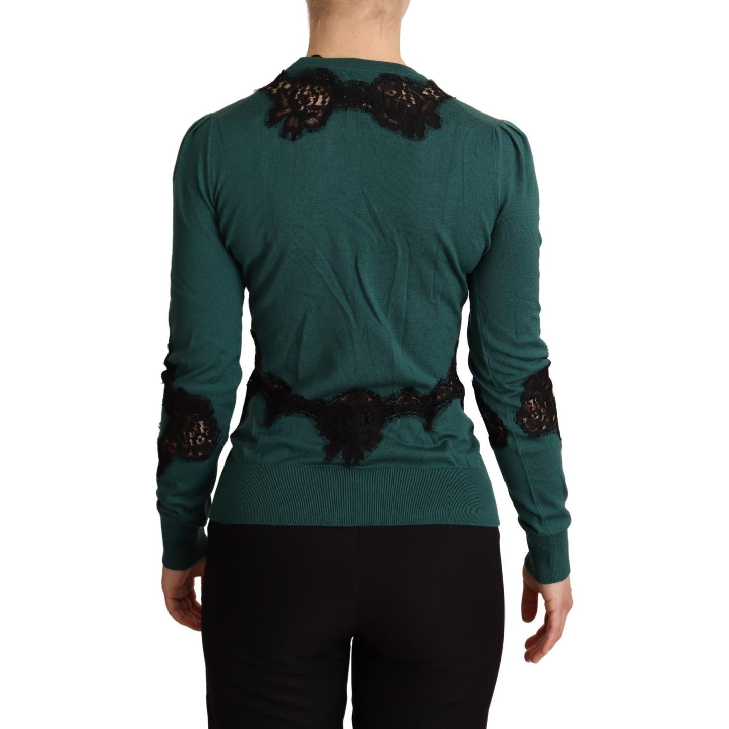 Dolce & Gabbana Elegant Green Pullover with Black Lace Detail Dolce & Gabbana Dark Slate Gray
