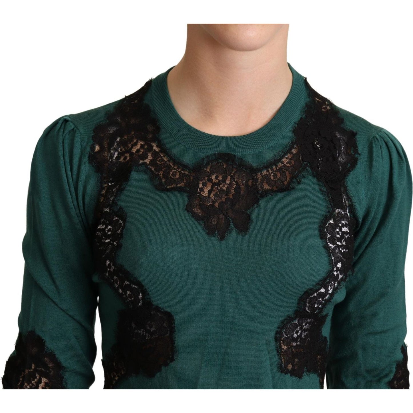 Dolce & Gabbana Elegant Green Pullover with Black Lace Detail Dolce & Gabbana Dark Slate Gray