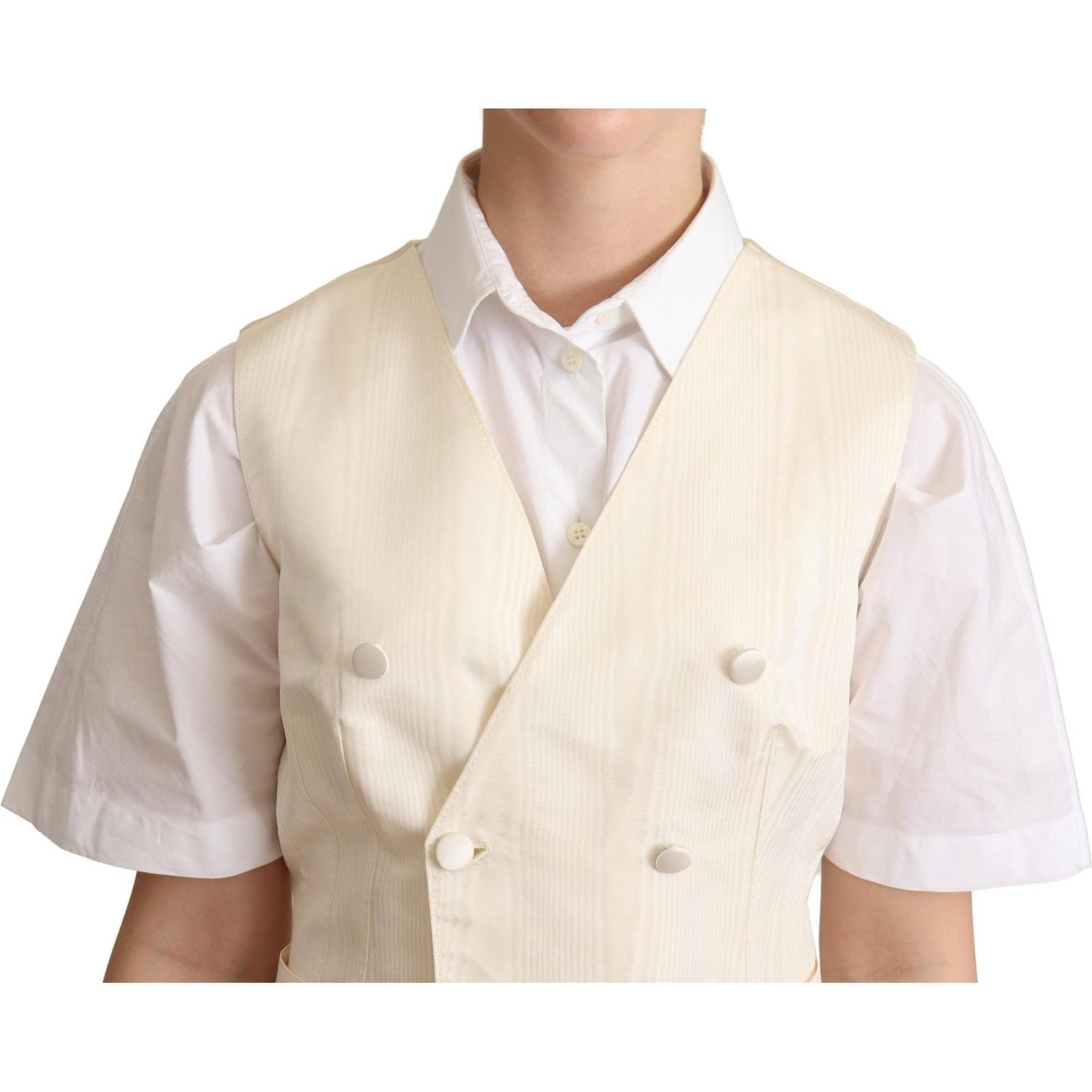 Dolce & Gabbana Beige Silk Blend Sleeveless Vest Luxury Waistcoat Dolce & Gabbana Light Gray