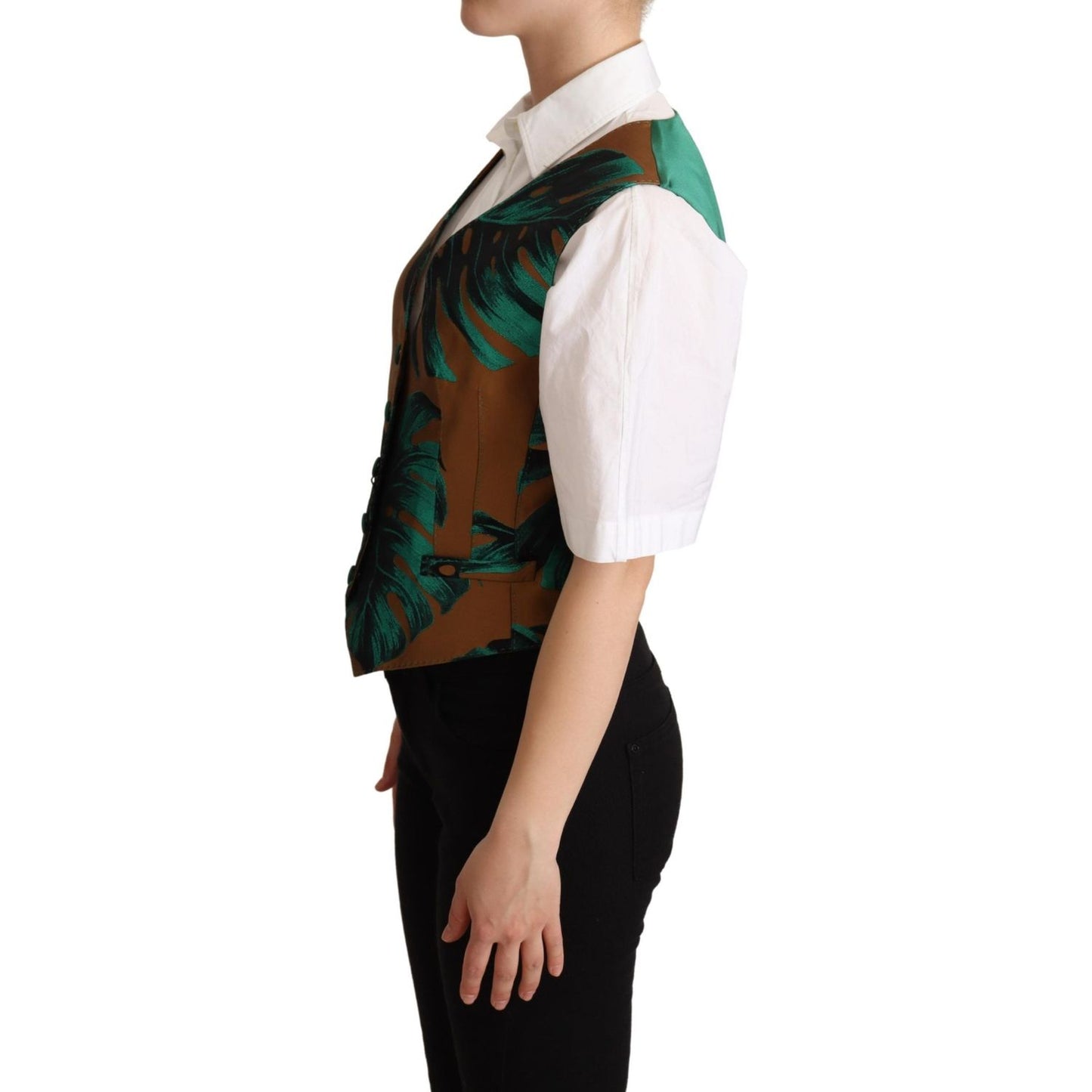 Dolce & Gabbana Elegant Green Leaf Print Waistcoat Dolce & Gabbana Black