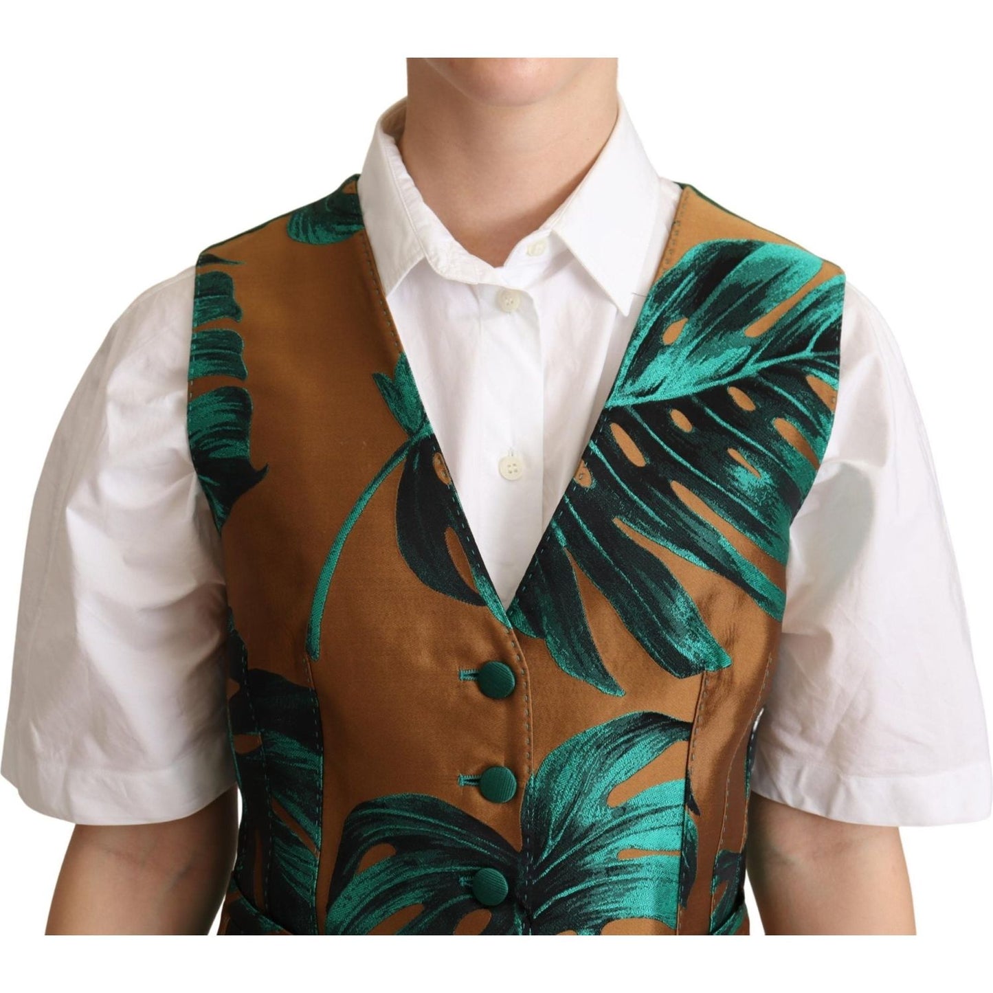 Dolce & Gabbana Elegant Green Leaf Print Waistcoat Dolce & Gabbana Gray